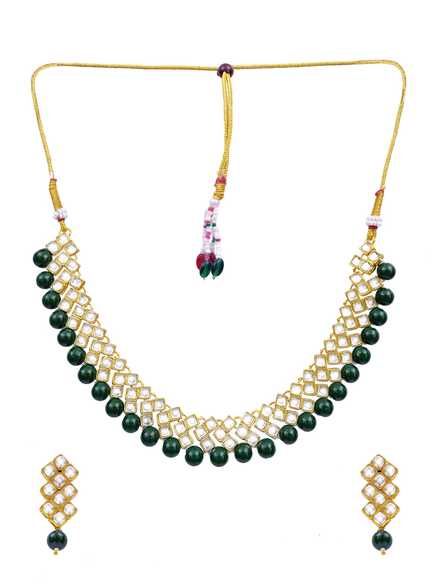 Elegant Golden Green Pearl Stone Studded Kundan Necklace Set With Earring RAS0240