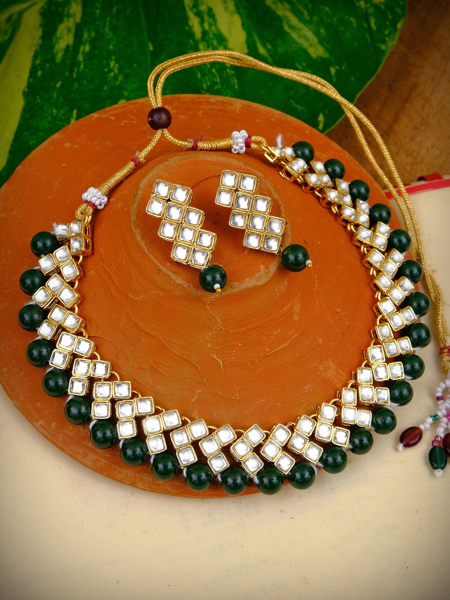 Elegant Golden Green Pearl Stone Studded Kundan Necklace Set With Earring RAS0240