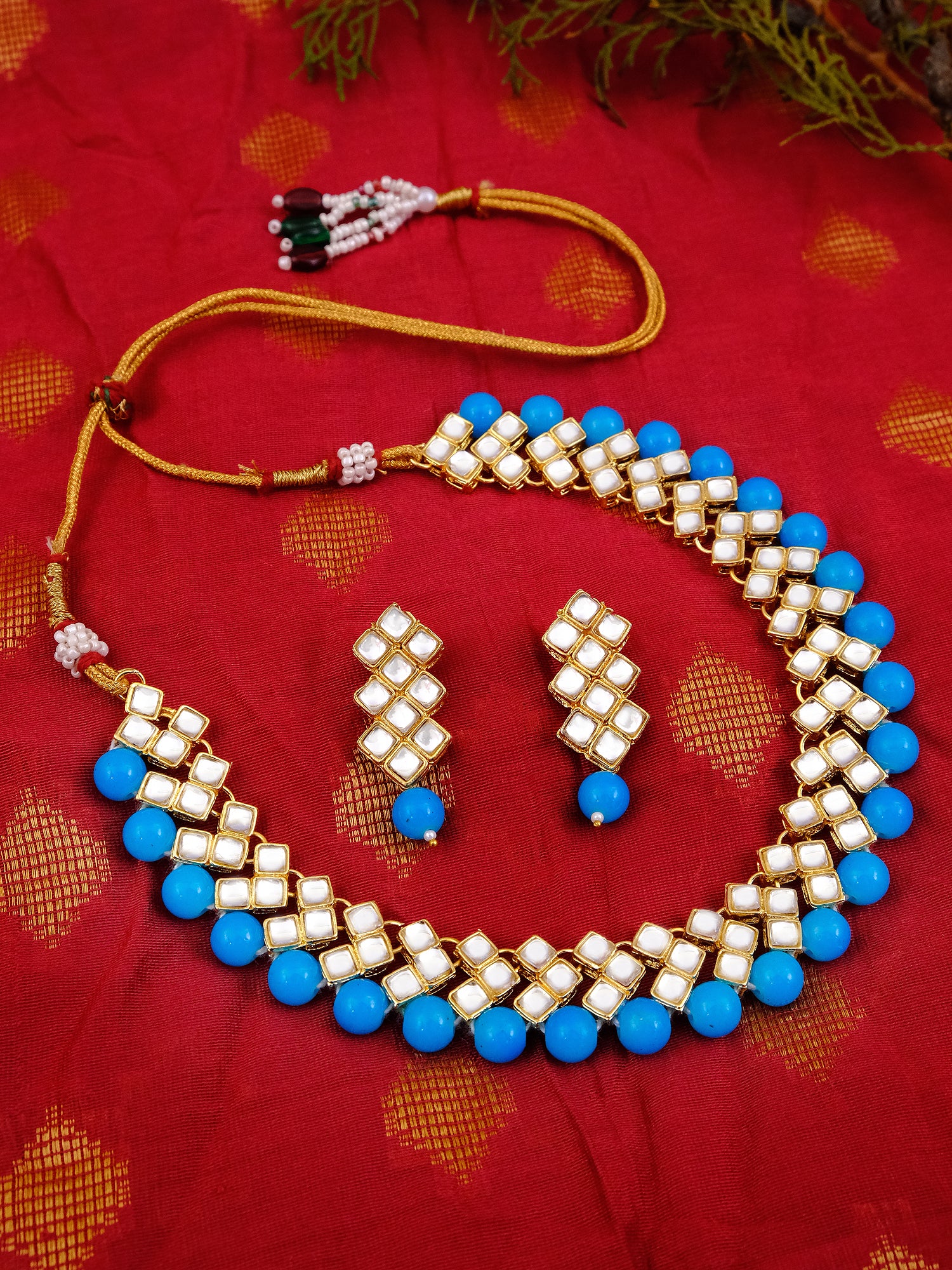 Elegant Golden Pink Royal Blue Stone Studded Kundan Necklace Set With Earring RAS0243