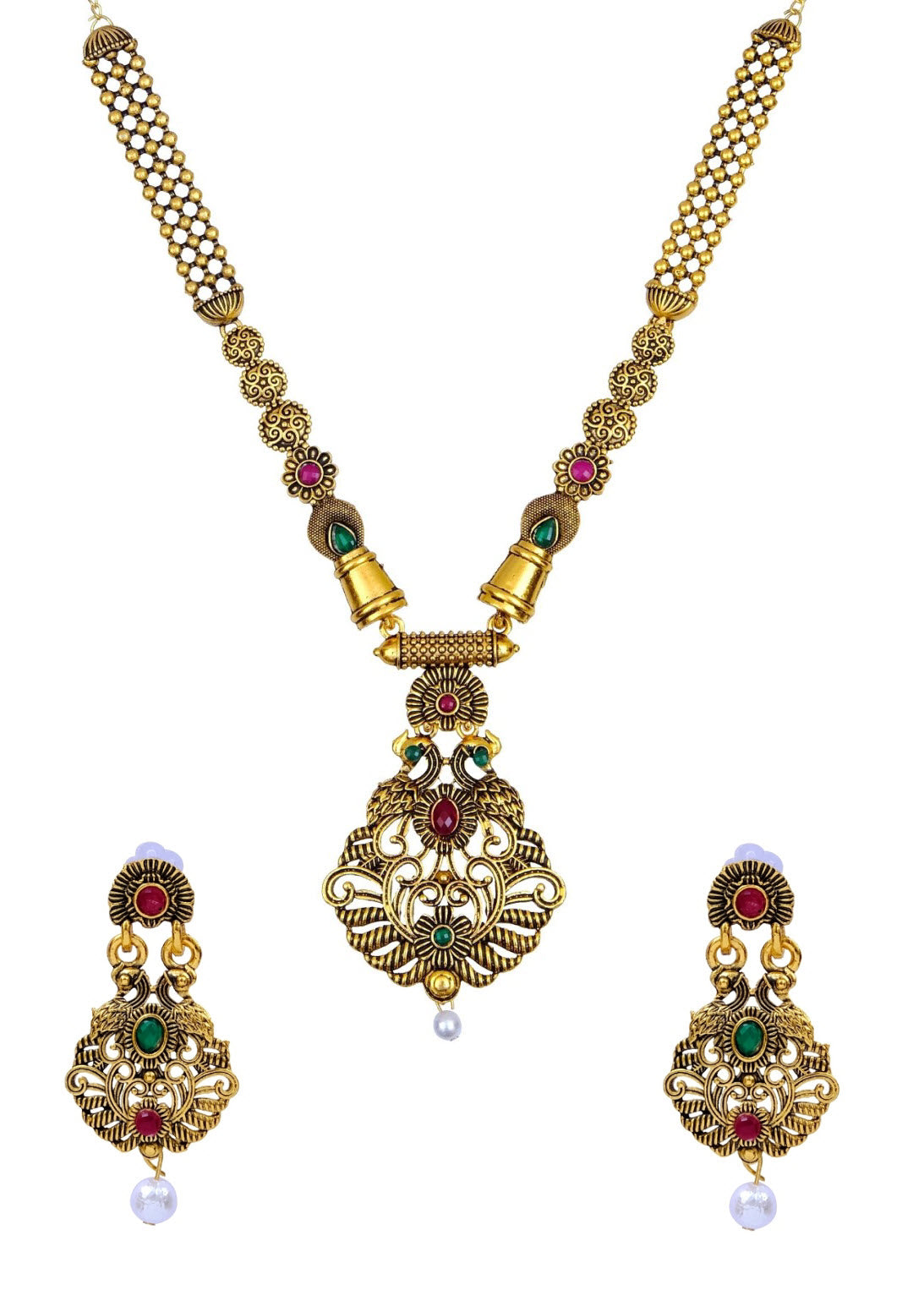 Traditional Gold-Plated Peacock Design Multicolor Pearl Necklace Set With Earring RAS0280