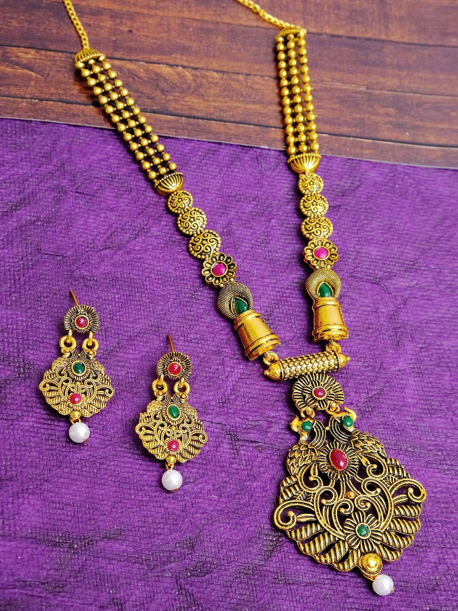 Traditional Gold-Plated Peacock Design Multicolor Pearl Necklace Set With Earring RAS0280