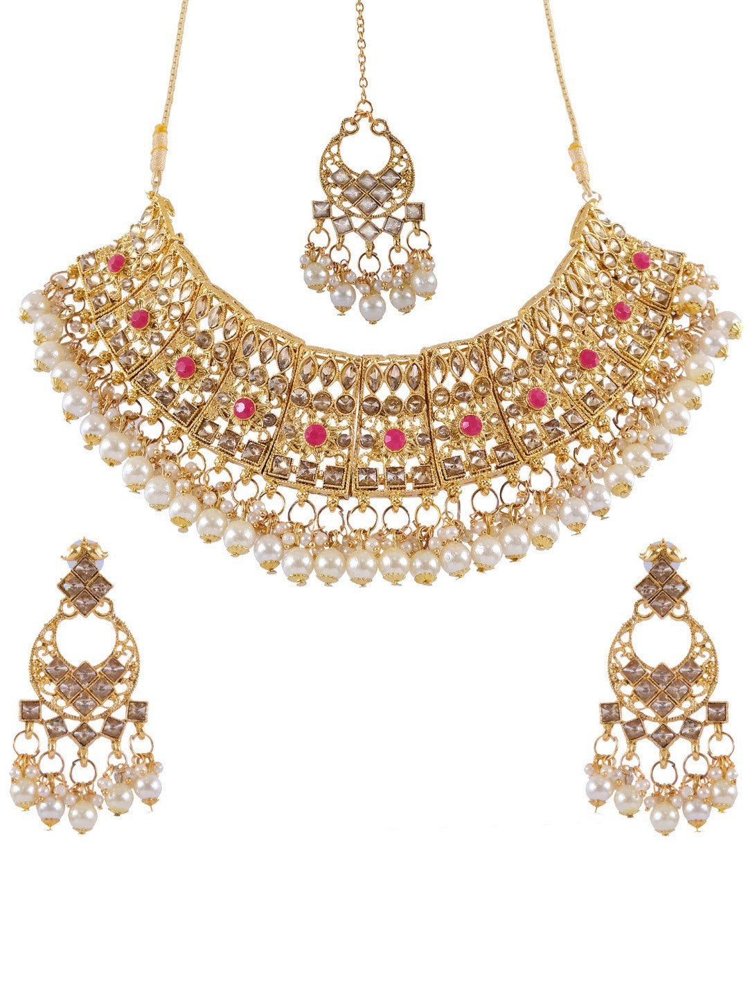 Traditional Gold-Plated Kundan Studded  Jewellery Set With Earrings & Maang Tika  RAS0286