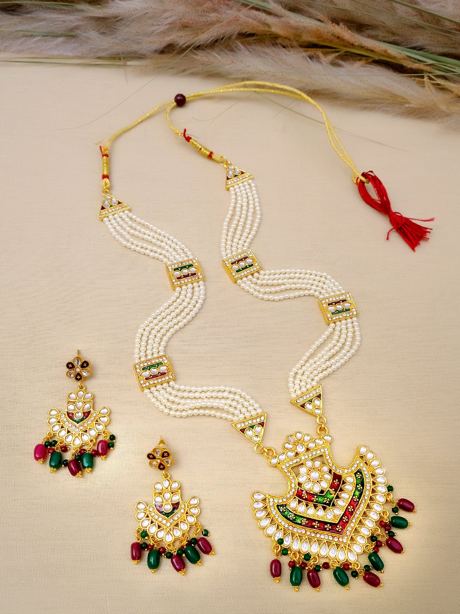 Indian Traditional Gold-Plated Fashionable Meenakari, Kundan Long Necklace Set With Earrings RAS0316