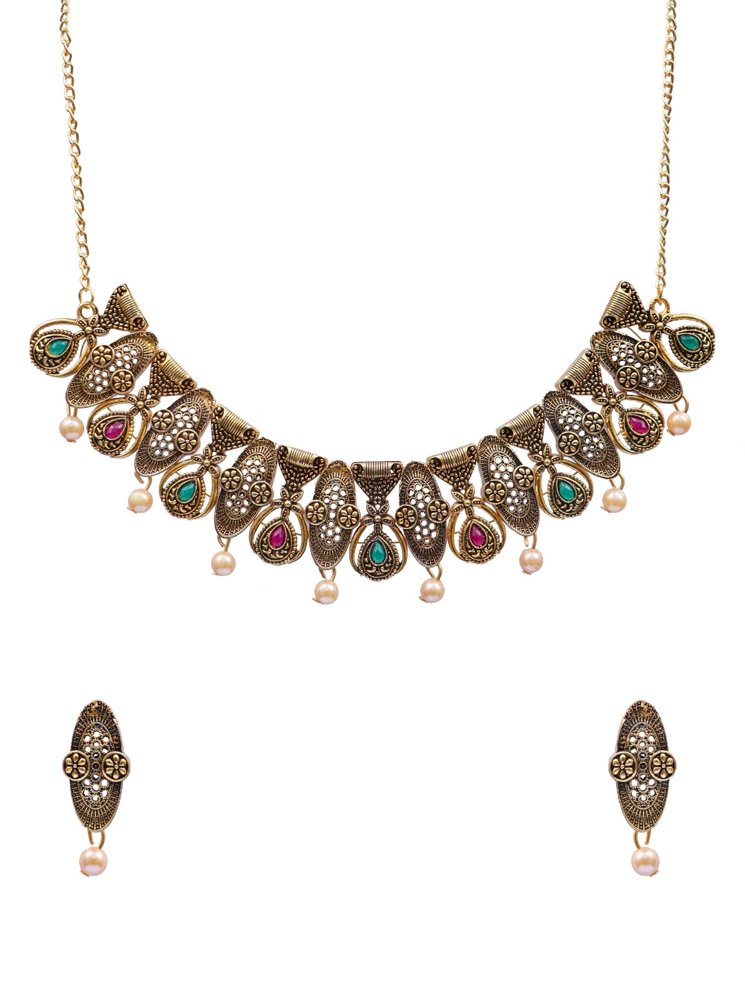 Traditional Gold-Plated Red & Green Kundan Work Jewellery Set  RAS0384