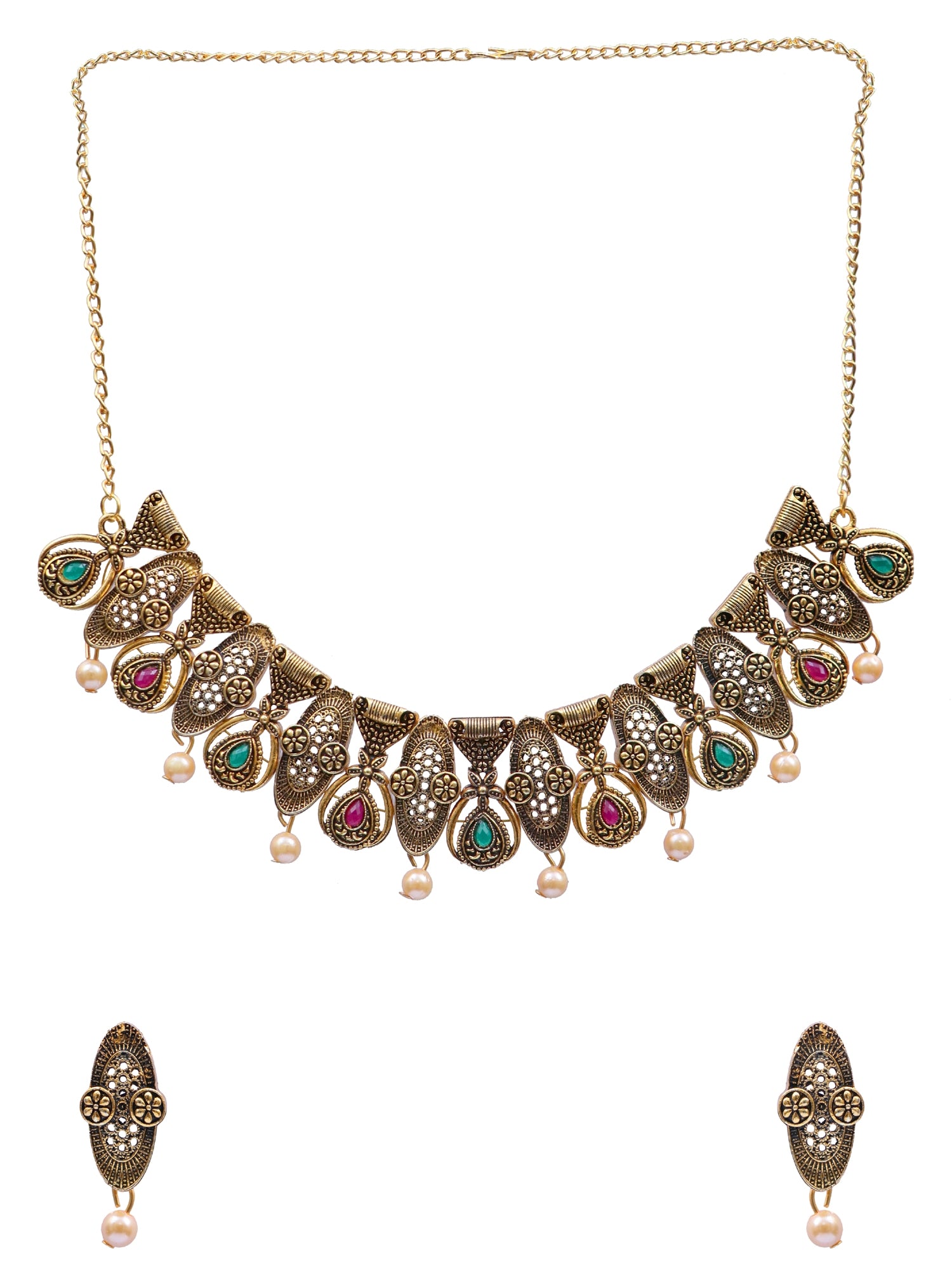 Traditional Gold-Plated Red & Green Kundan Work Jewellery Set  RAS0384