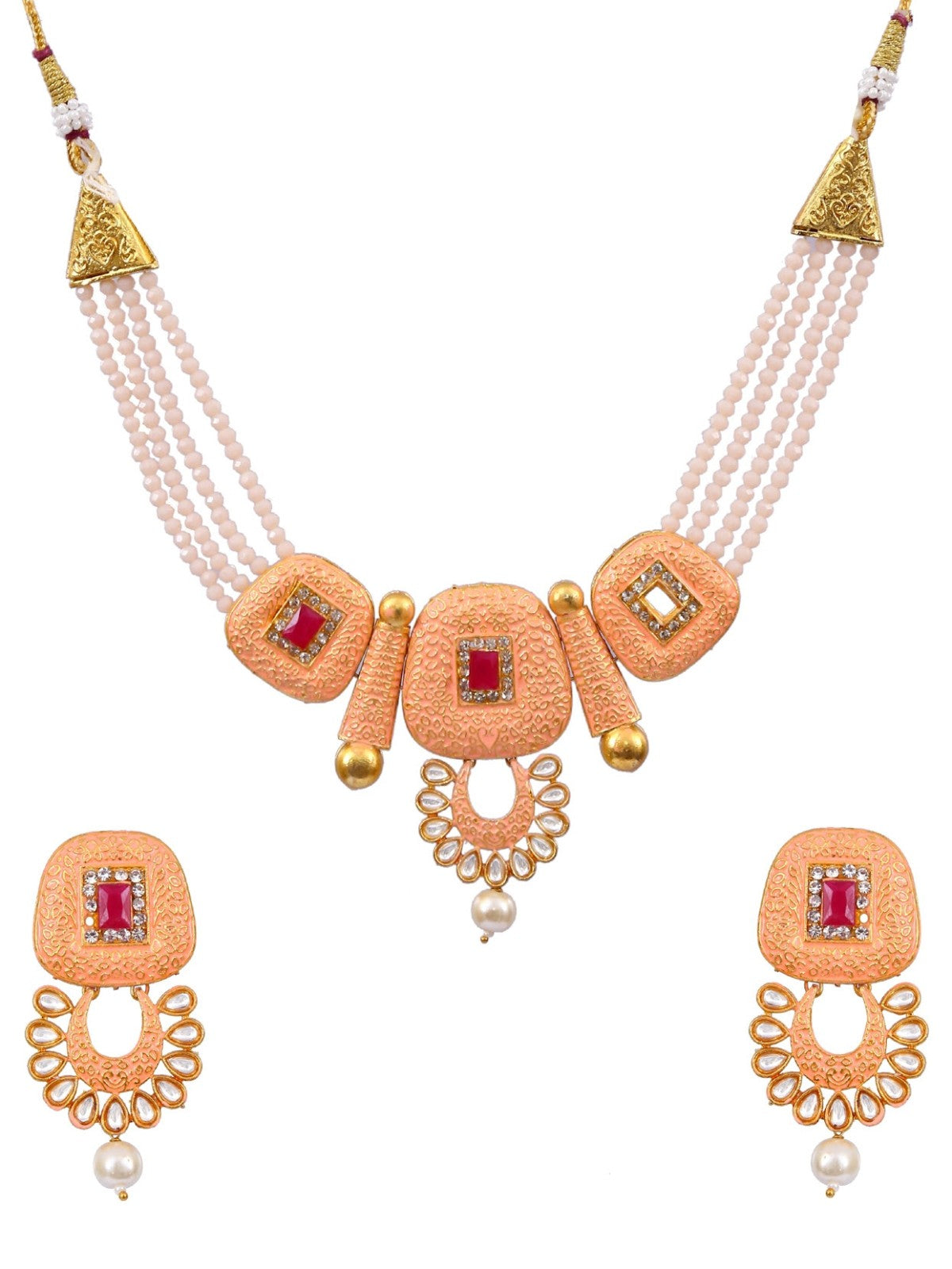 Traditional Gold Plated Peach Pearl & Kundan Choker Necklace & Earring Set RAS0402