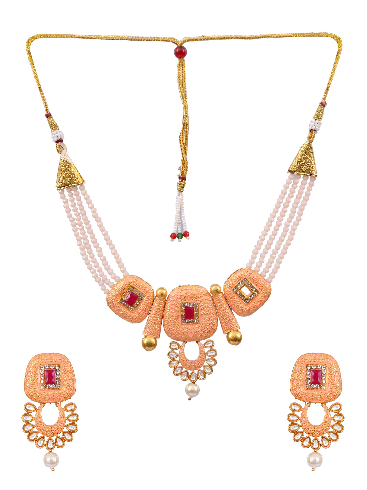 Traditional Gold Plated Peach Pearl & Kundan Choker Necklace & Earring Set RAS0402