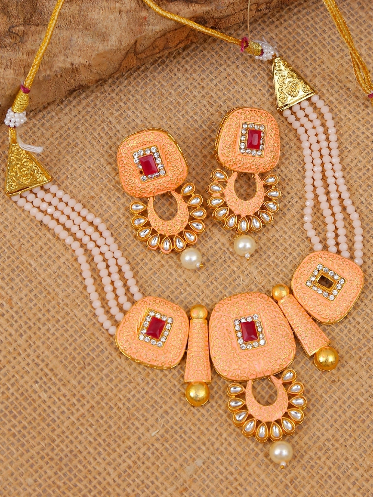 Traditional Gold Plated Peach Pearl & Kundan Choker Necklace & Earring Set RAS0402