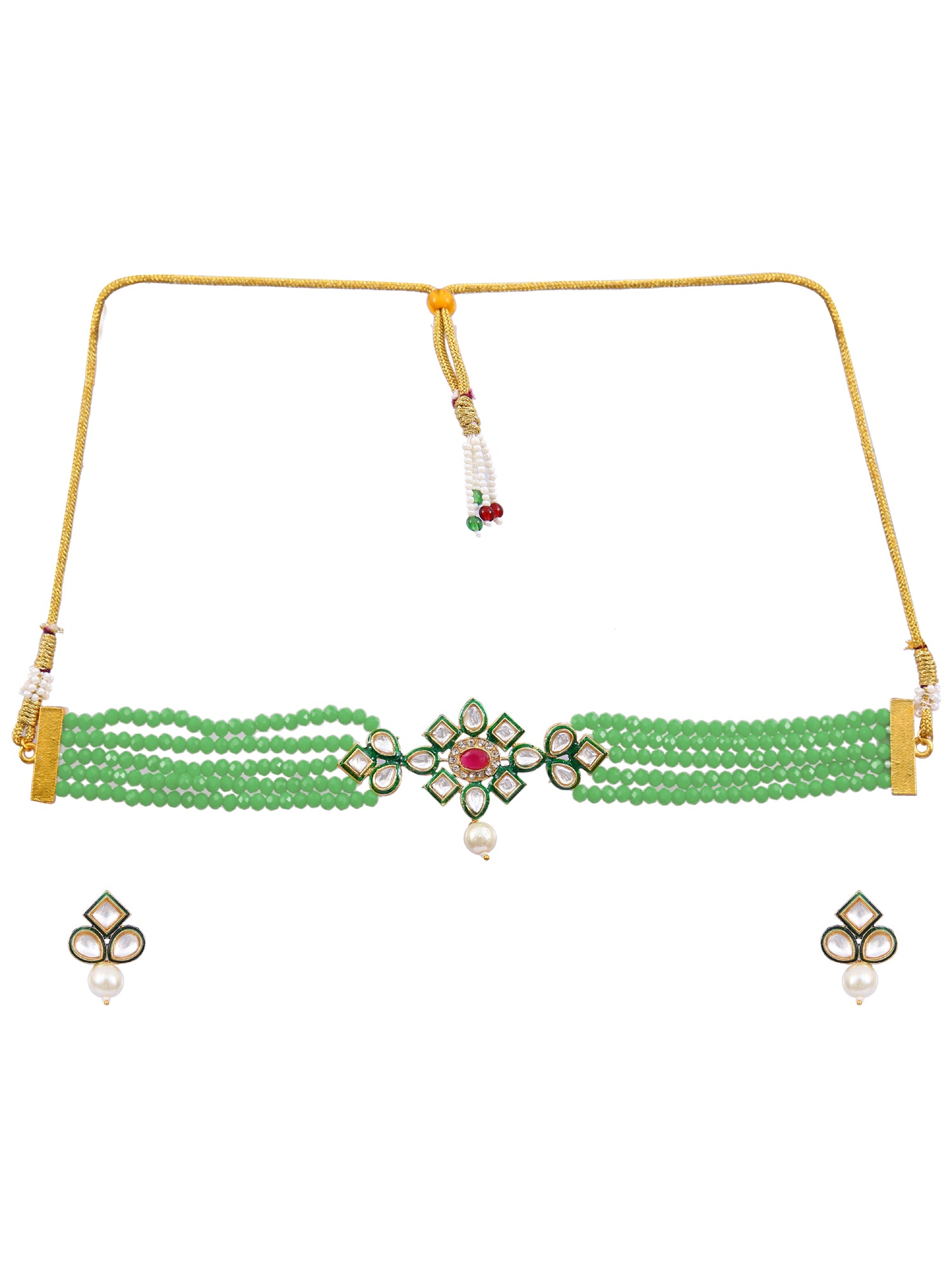 Traditional Gold Plated Royal Green Pearl & Kundan Choker Necklace & Earring Set RAS0407
