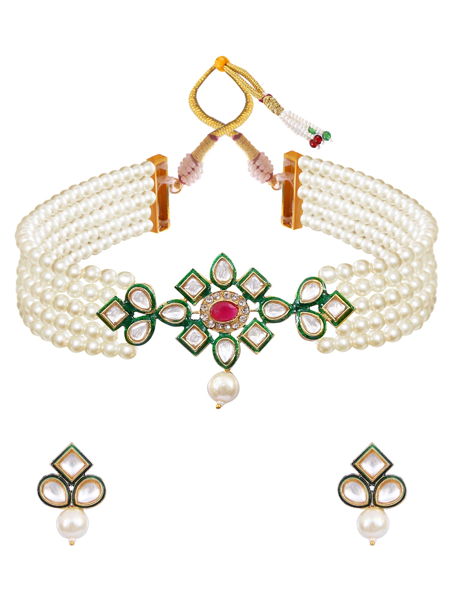 Gold-Plated  White Pearl Kundan Choker Necklace & Earrings Set RAS0408