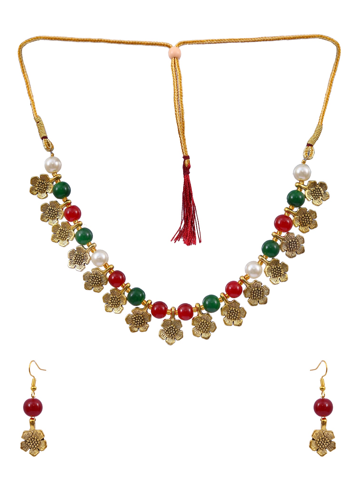 Gold-Plated Multicolor Beads Choker  Necklace & Earring Set  RAS0419