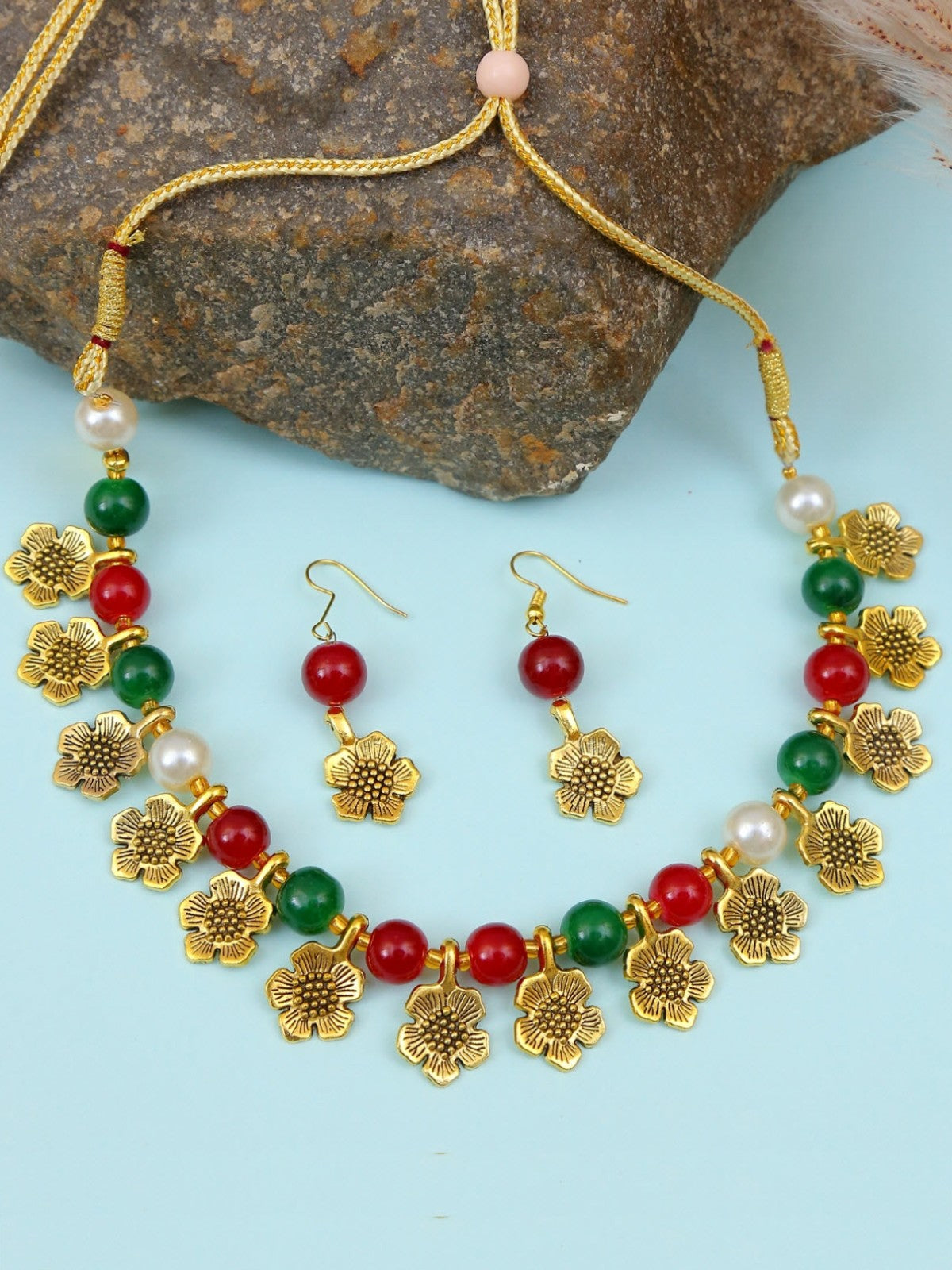 Gold-Plated Multicolor Beads Choker  Necklace & Earring Set  RAS0419