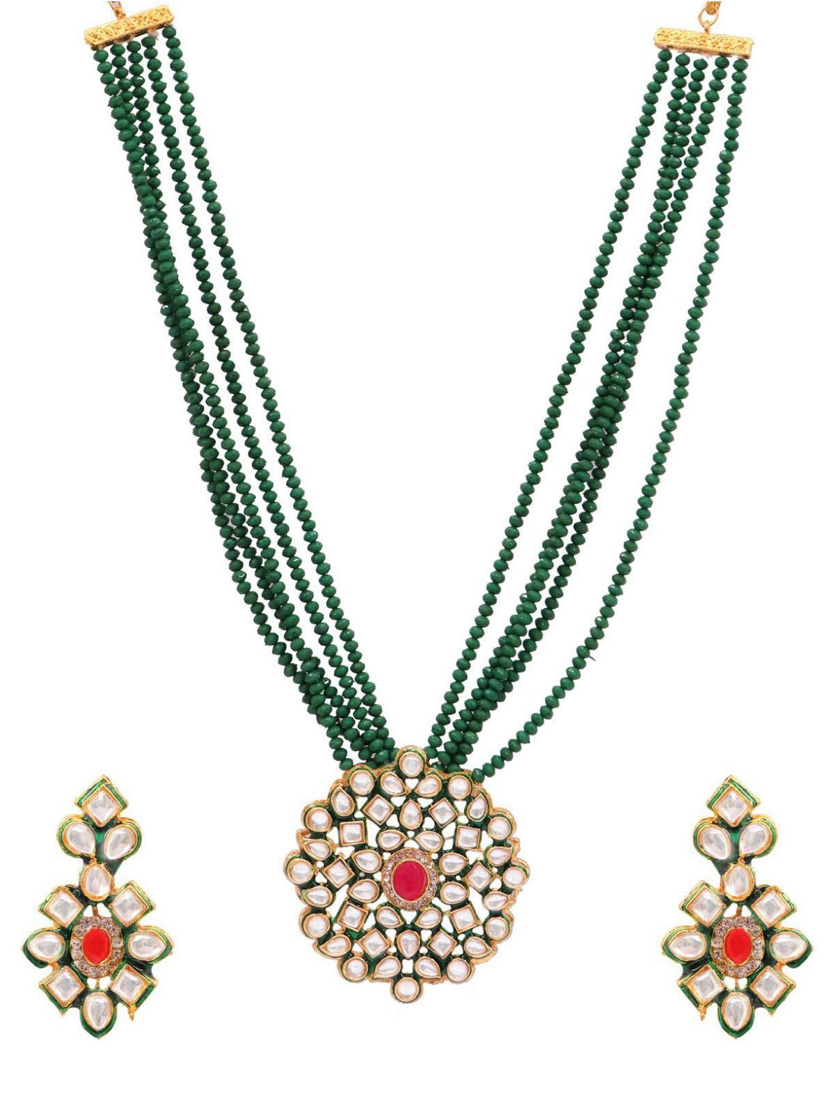 Designer Kundan &amp; Green Moti Stone Style Necklace &amp; Earrings Set RAS0433