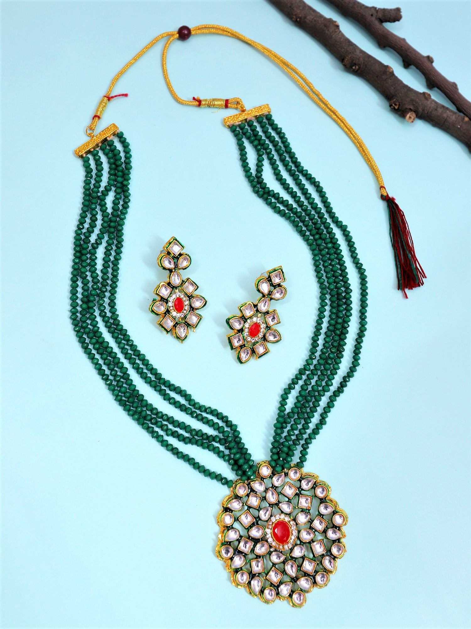 Designer Kundan &amp; Green Moti Stone Style Necklace &amp; Earrings Set RAS0433