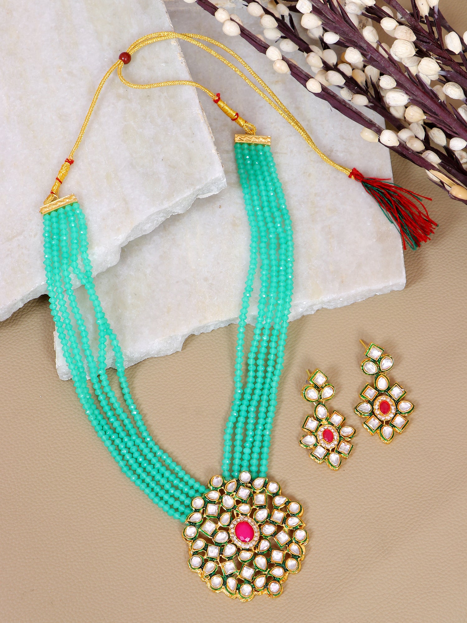 Elegant Green Pearls  Kundan Jewellery Set for Trendy Women and Girls