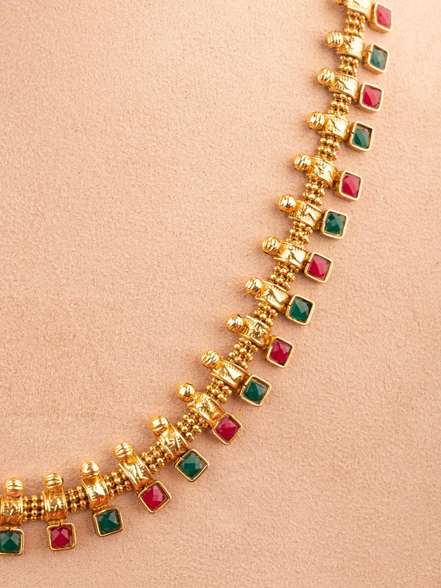 Gold-Plated Red-Green Kundan Long Jewellery Set for Women & Girls