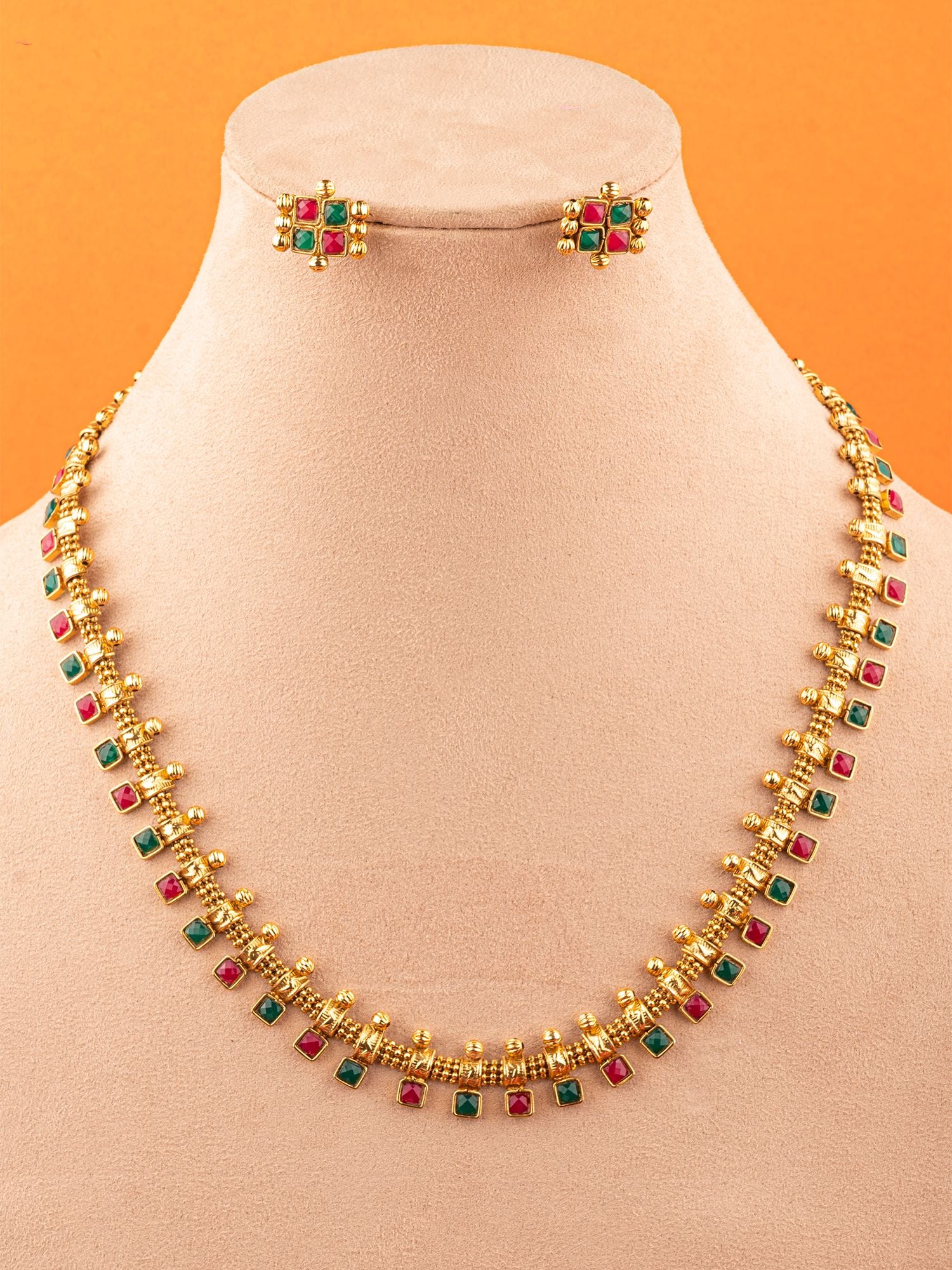 Gold-Plated Red-Green Kundan Long Jewellery Set for Women & Girls