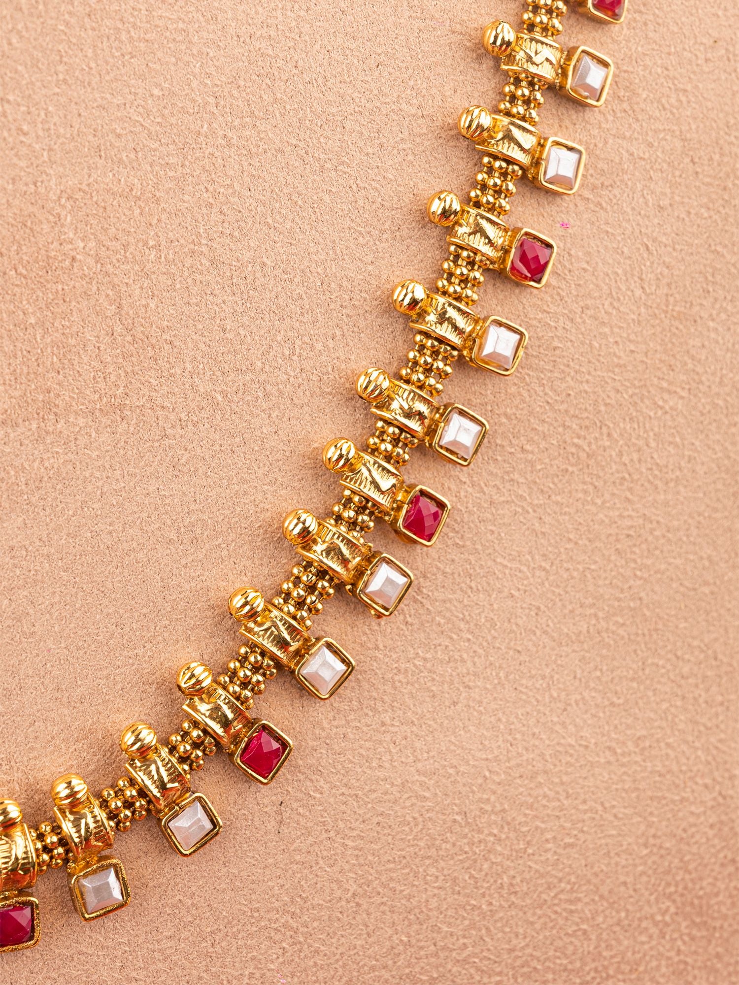 Gold-Plated Red-White Kundan Long Jewellery Set for Women & Girls