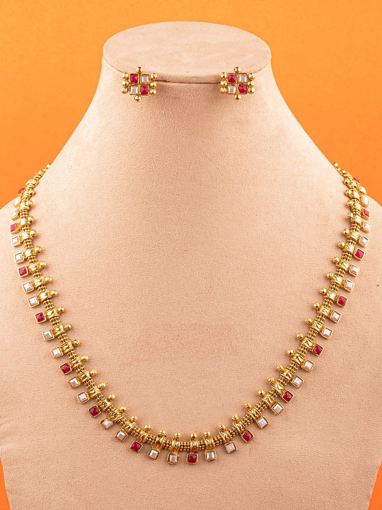 Gold-Plated Red-White Kundan Long Jewellery Set for Women & Girls