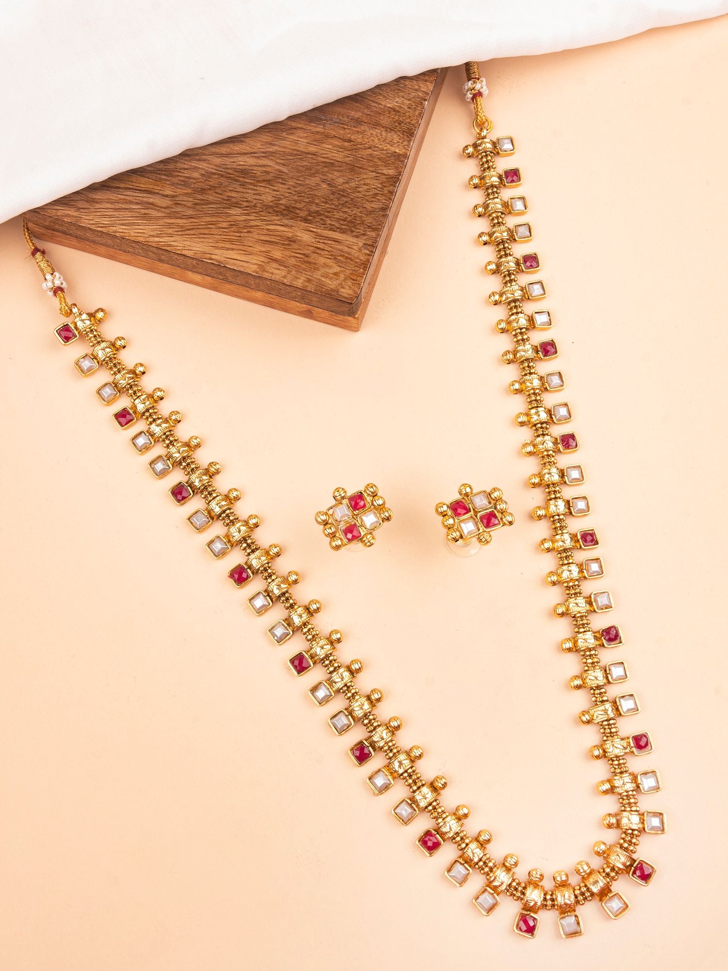 Gold-Plated Red-White Kundan Long Jewellery Set for Women & Girls