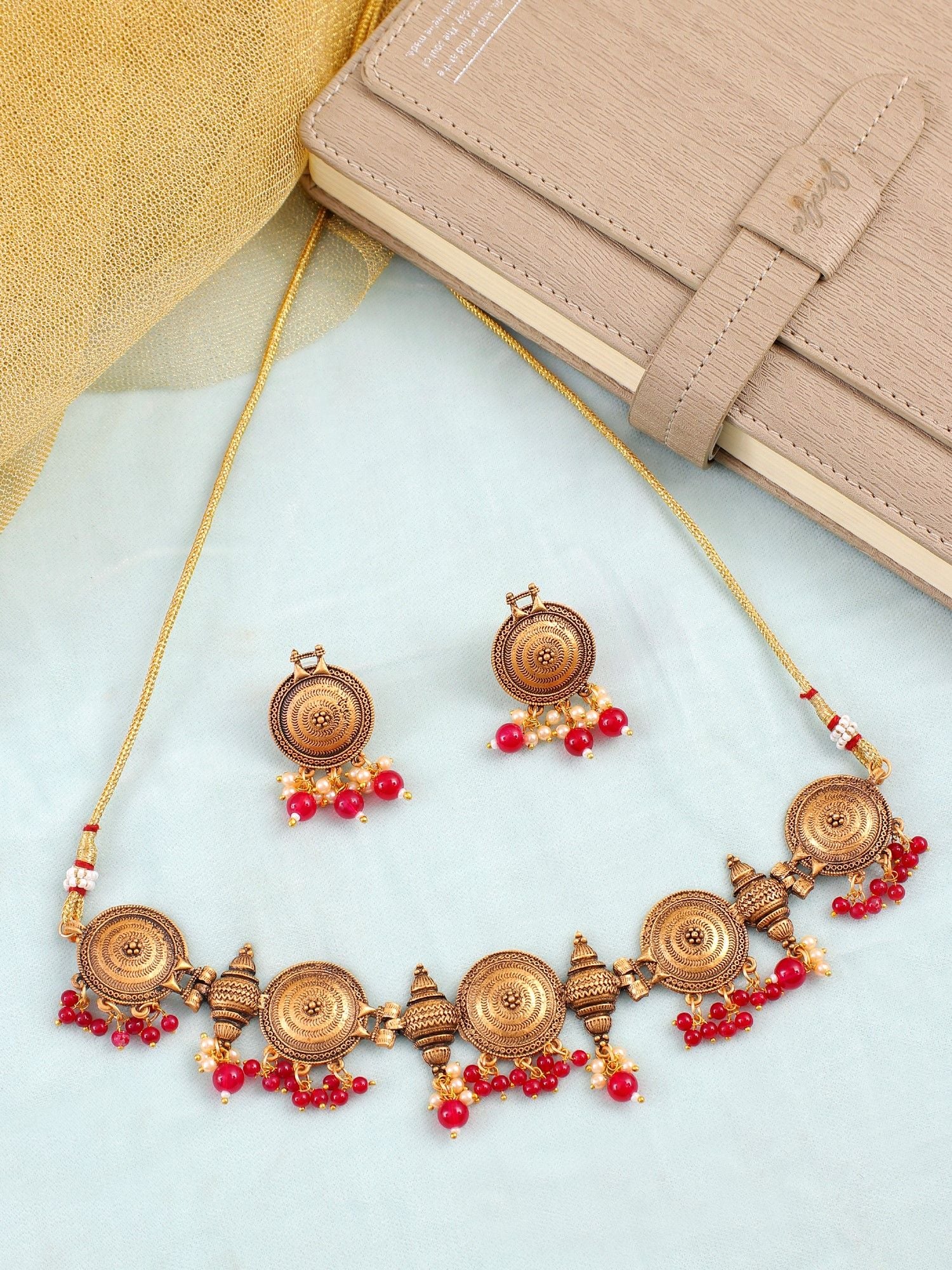 Antique Gold Plated Hot Pink Polki Choker Set for Party