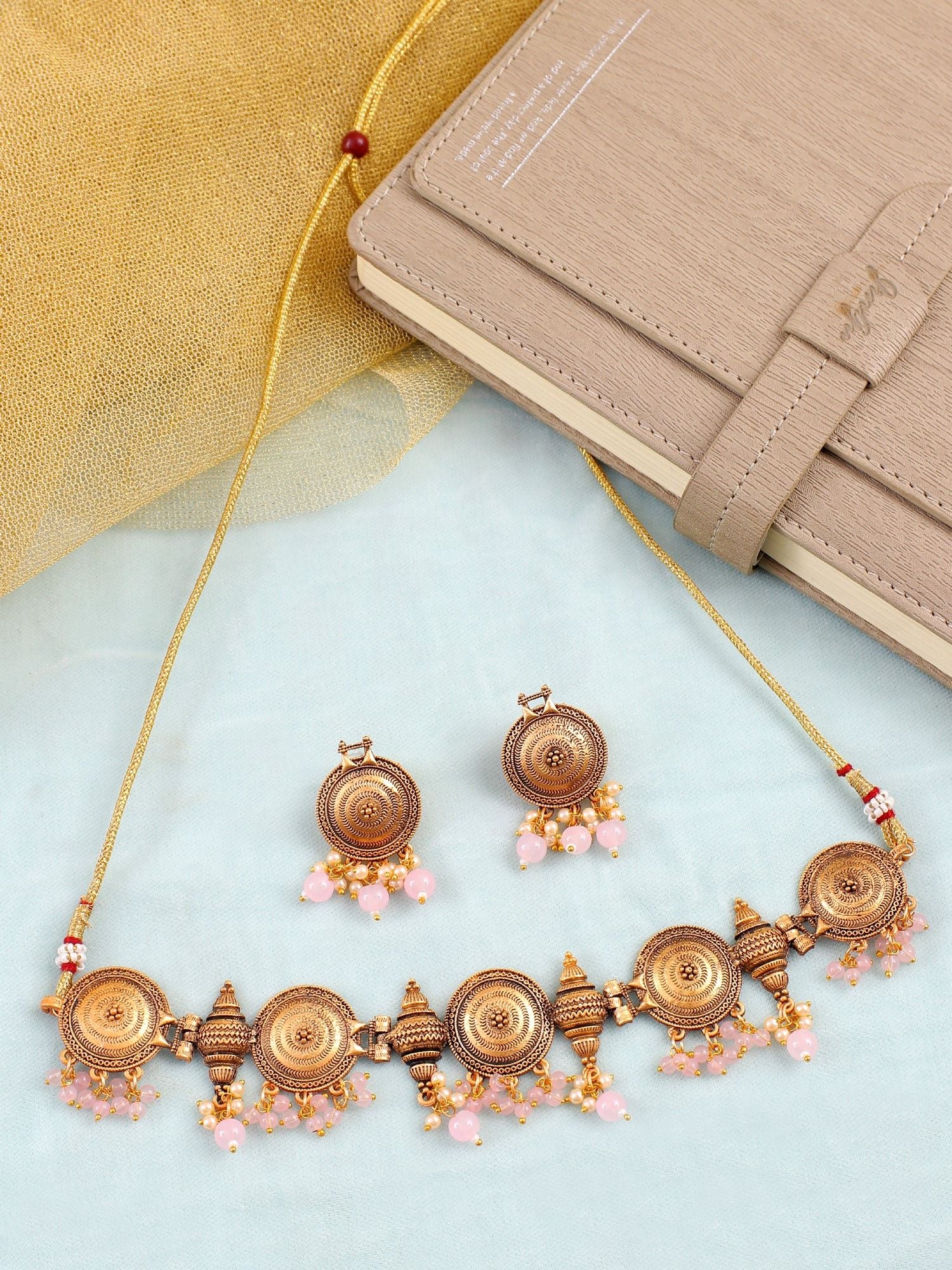 Antique Gold Plated Pink Polki Choker Set for Party