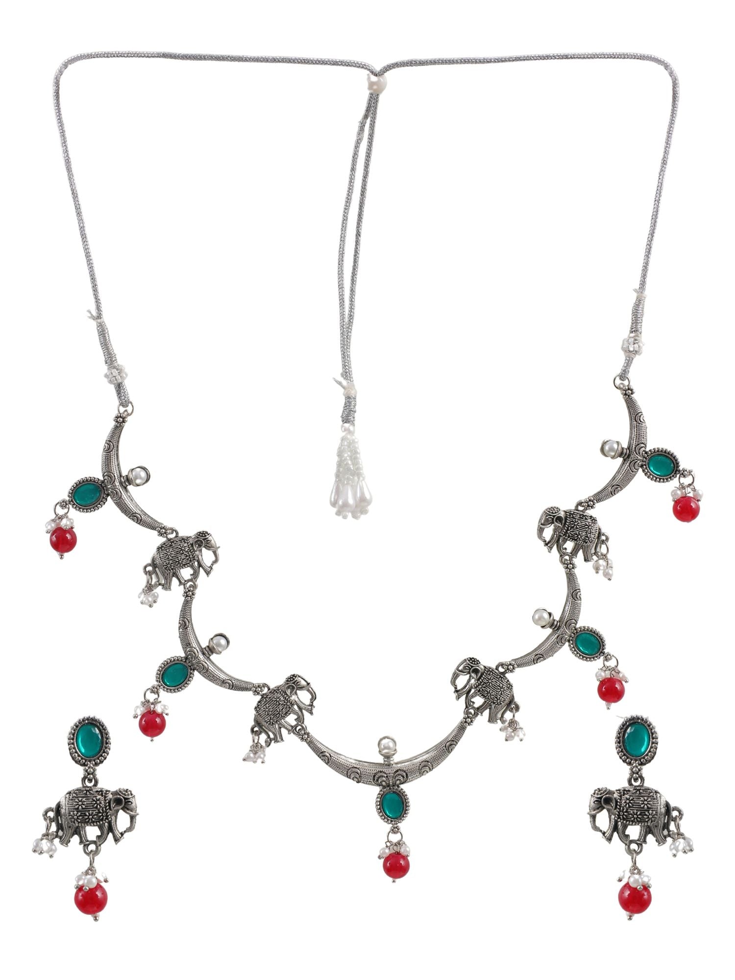 Oxidized Silver Elephant Pattern Red-Green Drops Jewelry Set for Women & Girls