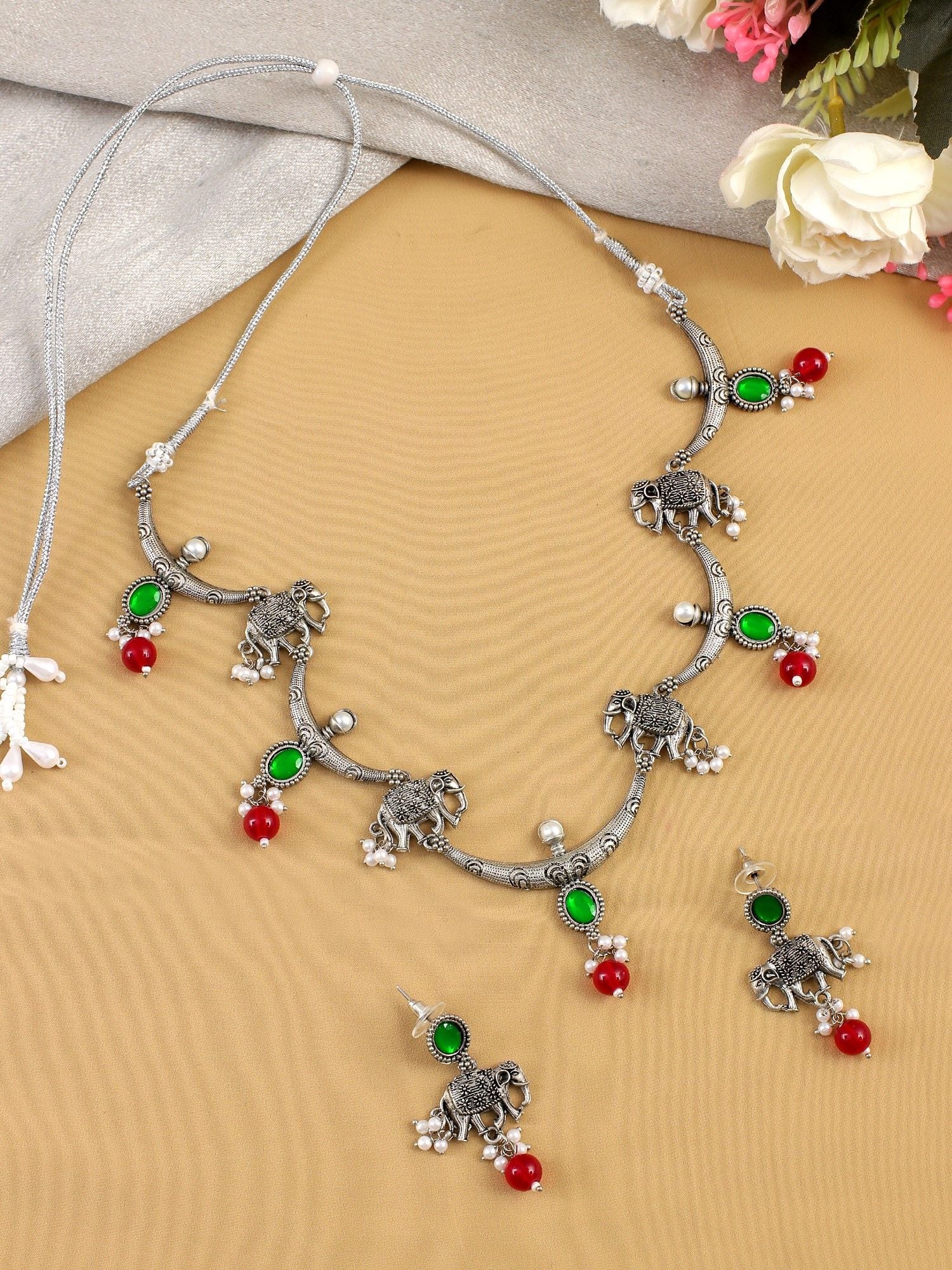 Oxidized Silver Elephant Pattern Red-Green Drops Jewelry Set for Women & Girls