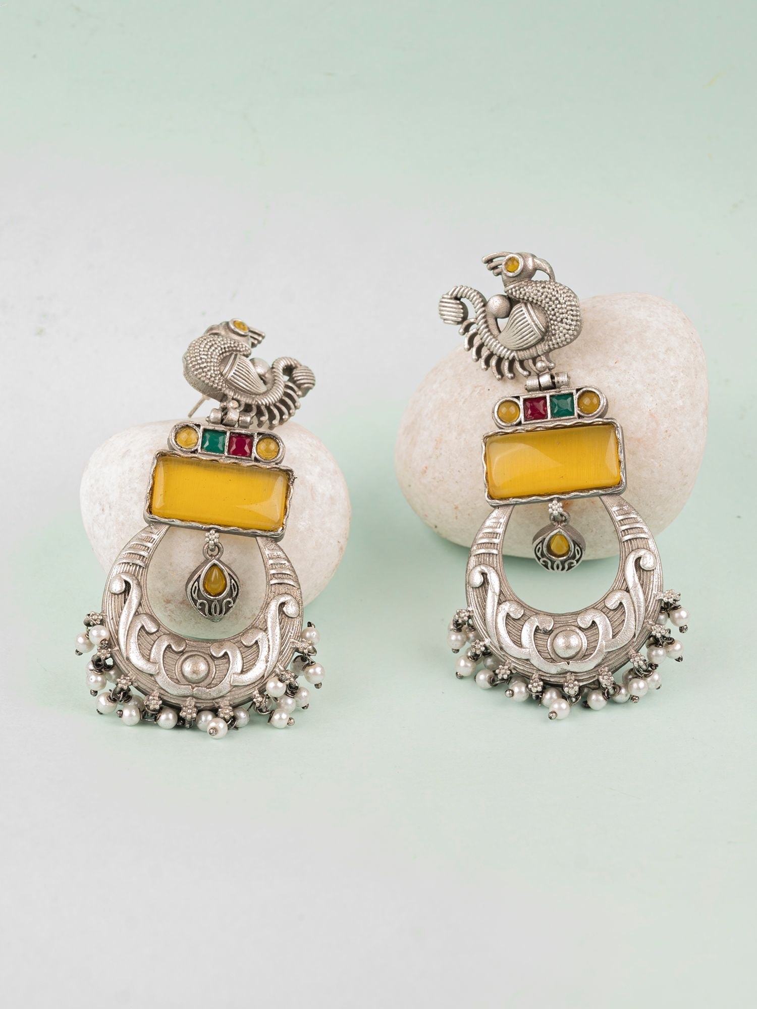 Yellow Stone Silver Look Alike Peacock Dangler Earrings for Women & Girls
