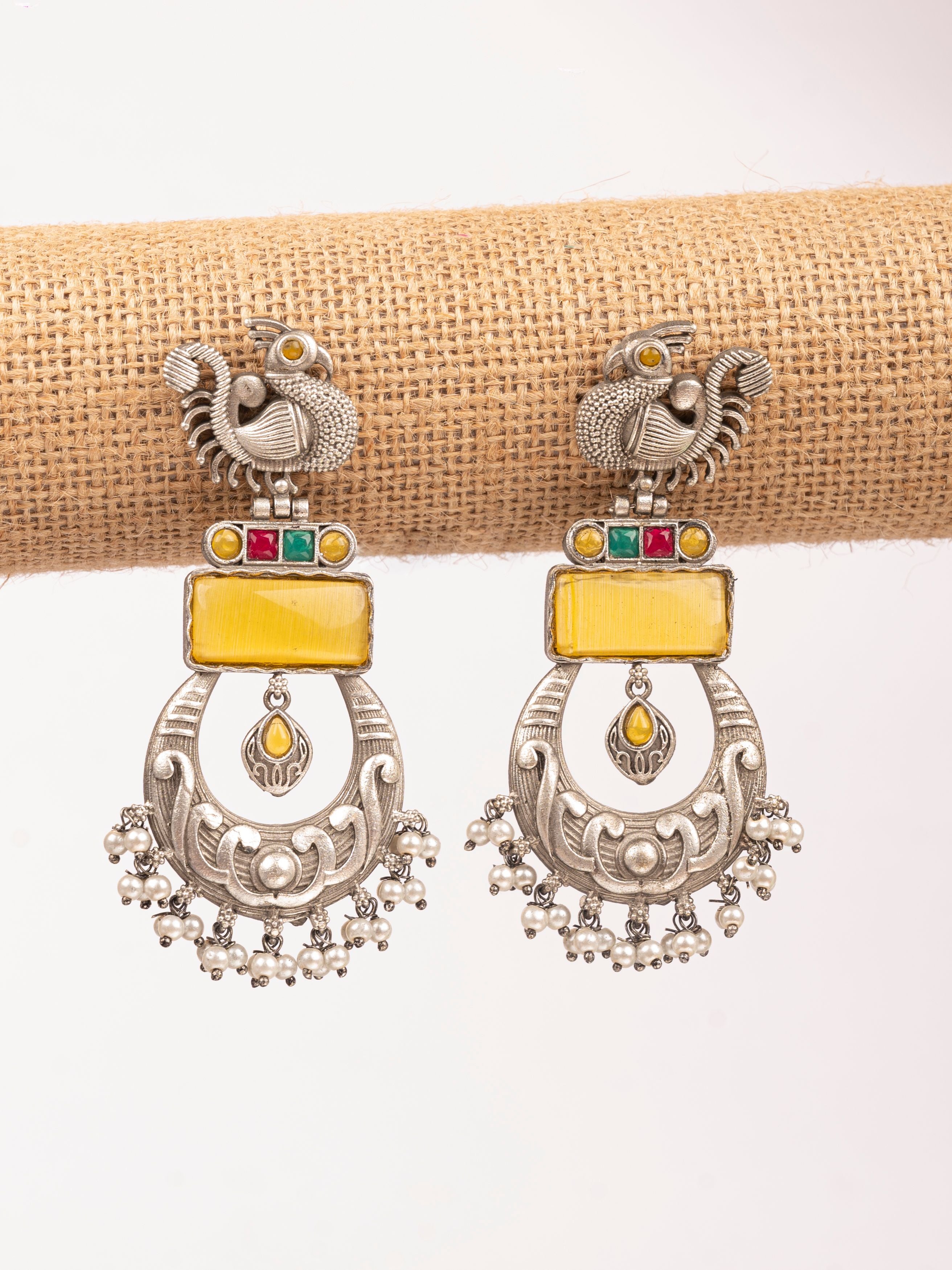 Yellow Stone Silver Look Alike Peacock Dangler Earrings for Women & Girls