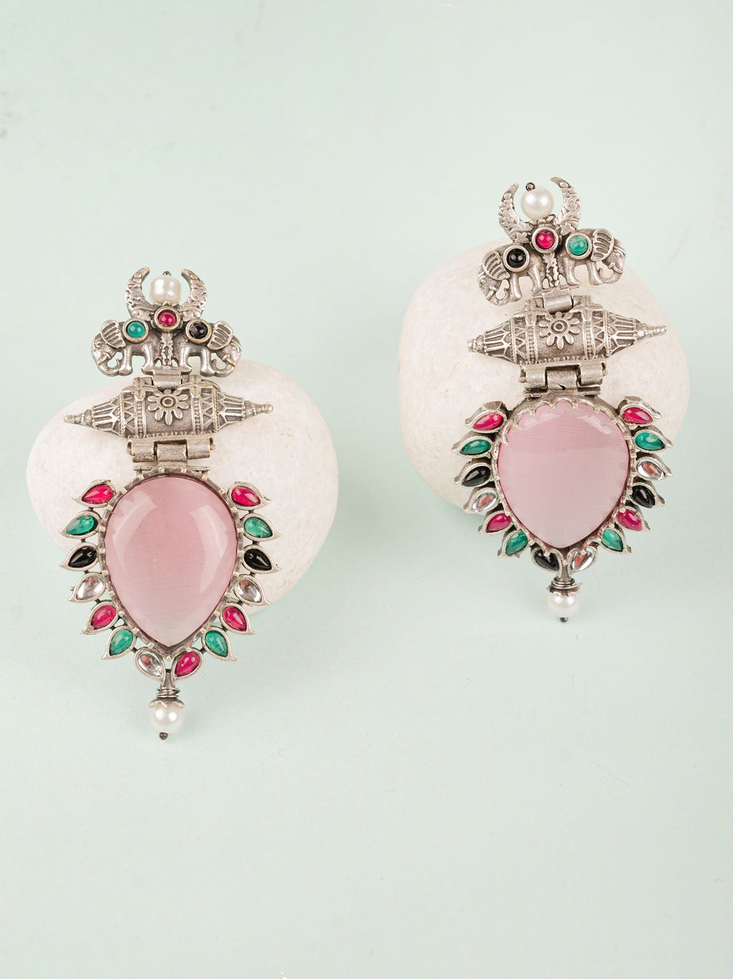 Pink Stone Elephant Design Silver Look-Alike Dangler Earrings for Women & Girls