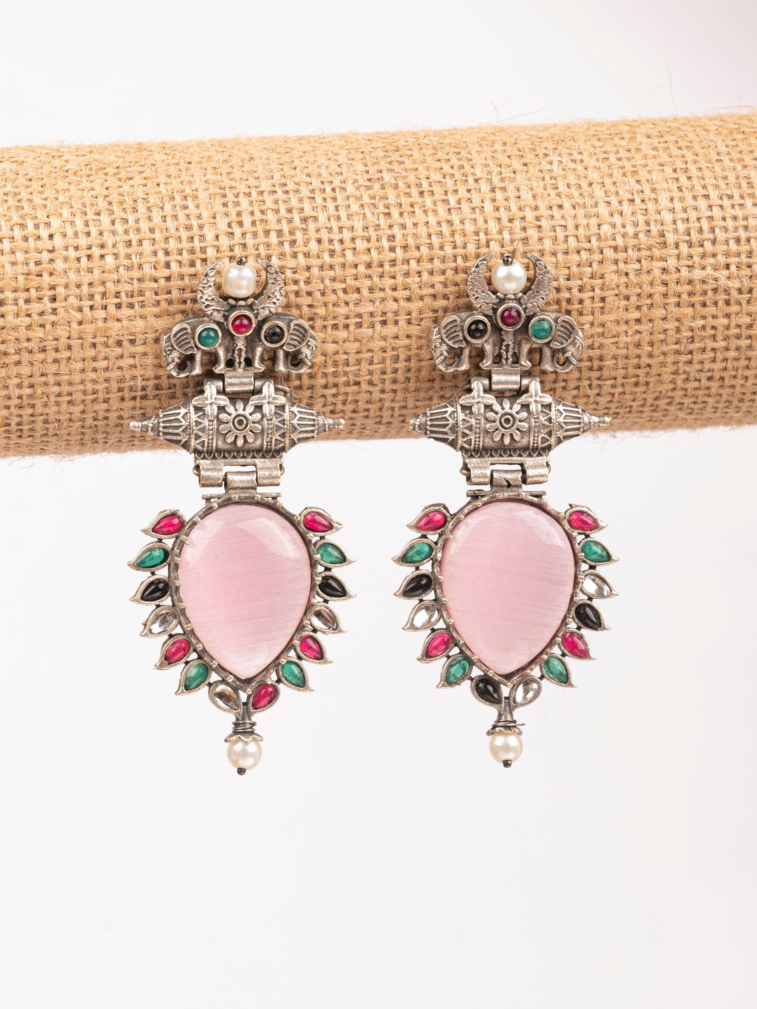 Pink Stone Elephant Design Silver Look-Alike Dangler Earrings for Women & Girls