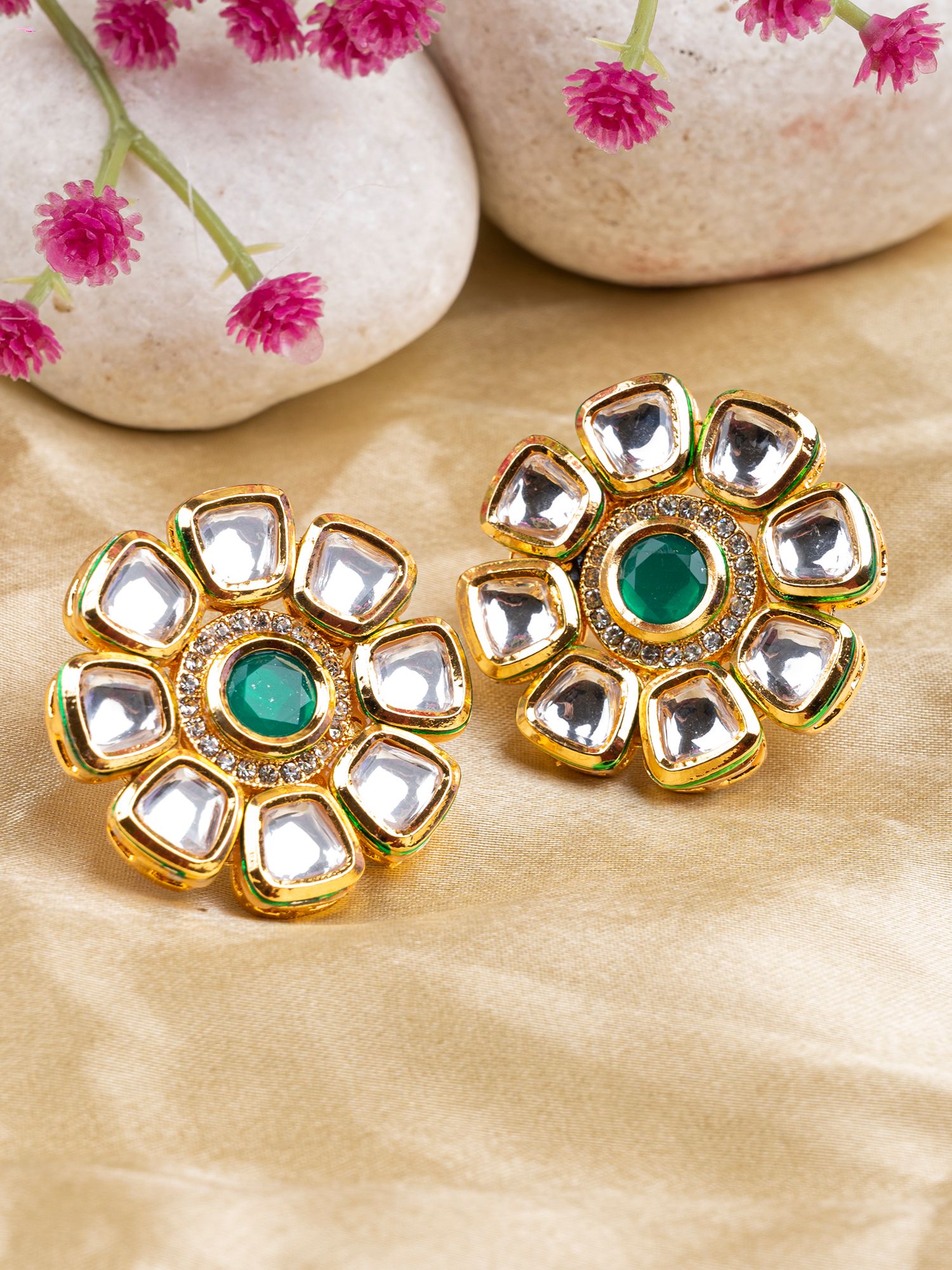 Elegant Gold-Tinted Kundan Stud Earrings, Girls & Women's Ethnic Style Statement