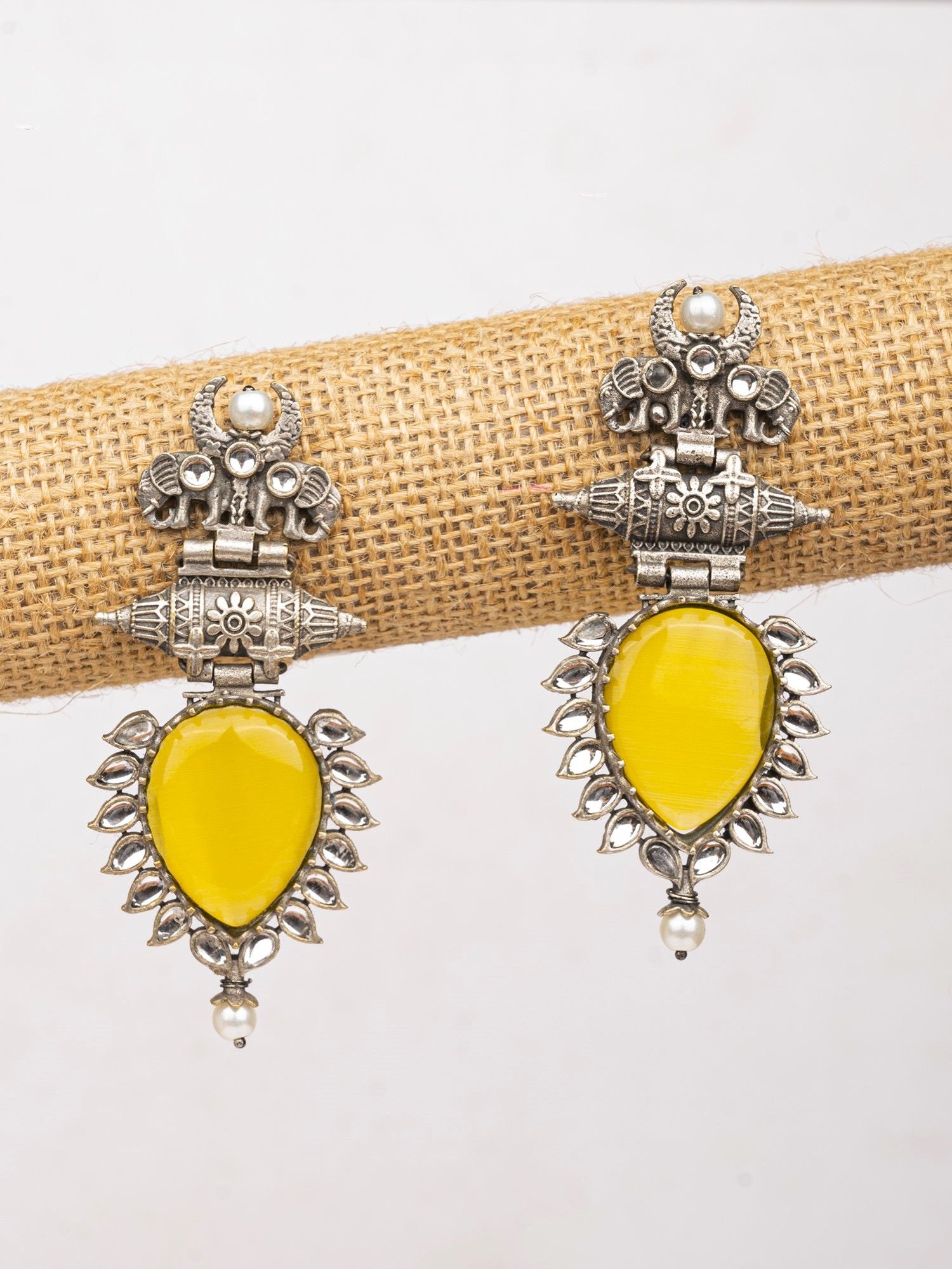 Radiant Yellow Oxidized Party-Wear Earrings with Elephant Motifs