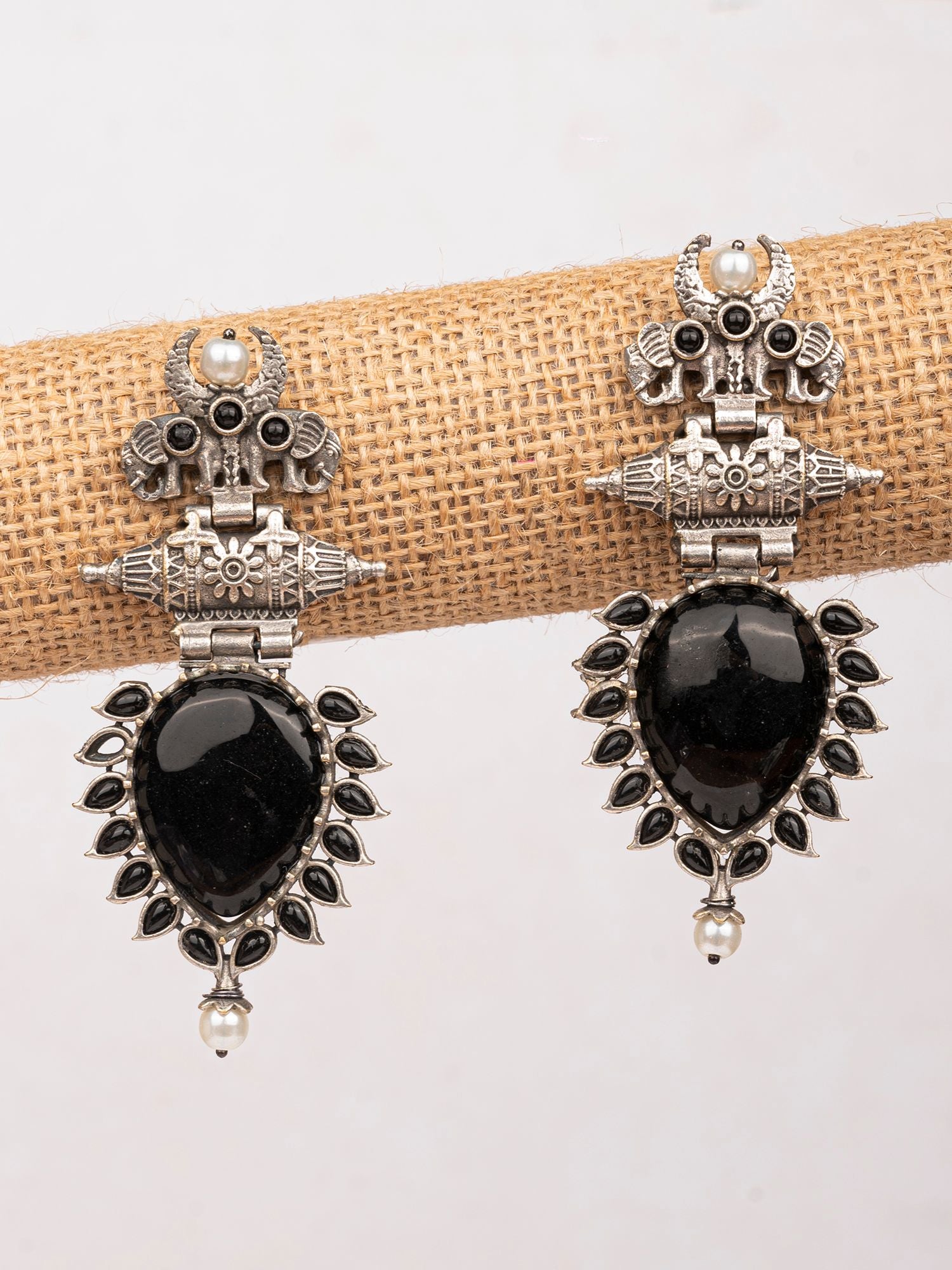 Black Pearl-Studded Oxidised Silver Look Earrings for Fashionable Occasions