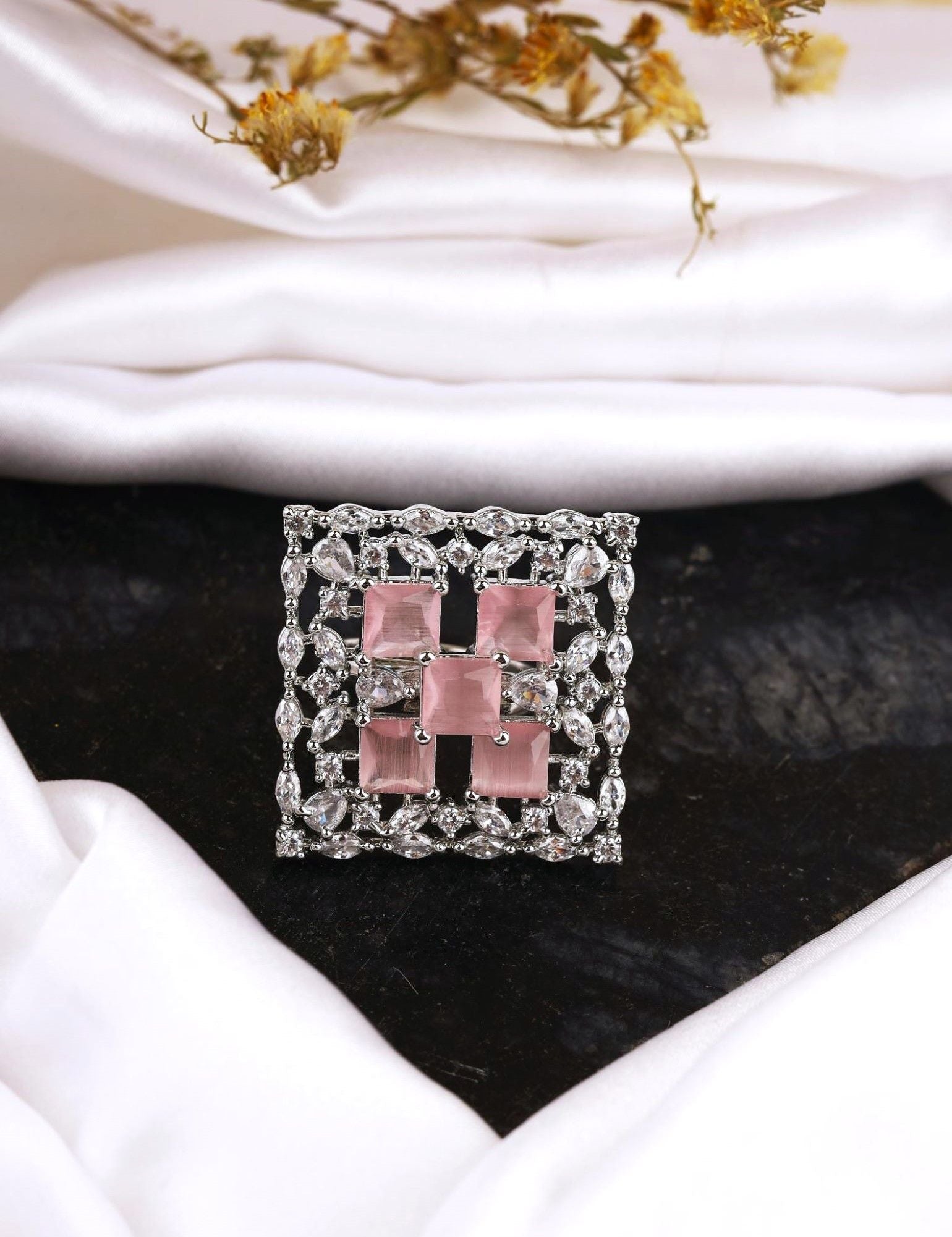 Pink Elegance - Silver Plated American Diamond Cocktail Ring for Women