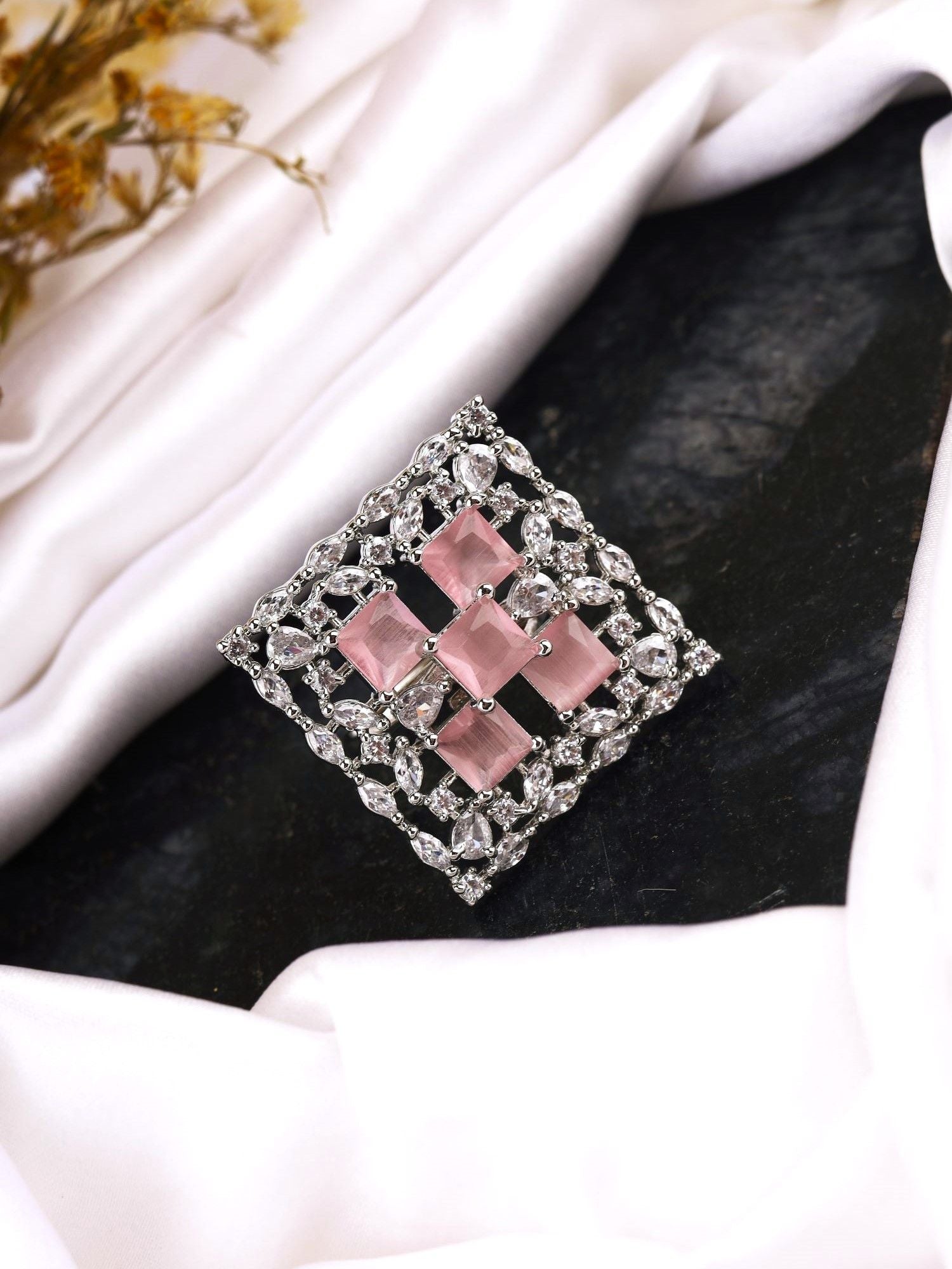 Pink Elegance - Silver Plated American Diamond Cocktail Ring for Women