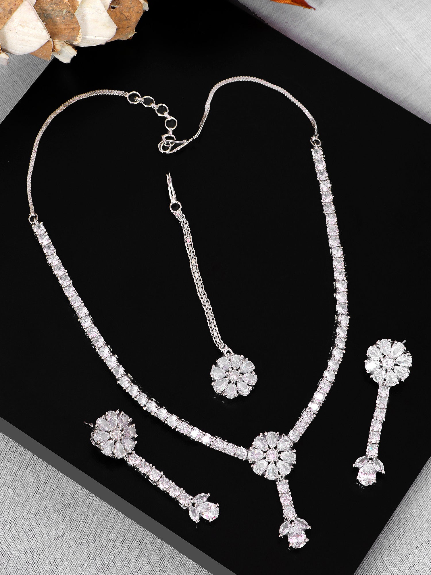 SwaDev White Ruby Flower Silver-Pltaed American Diamond Jewellery Set SDJS0001