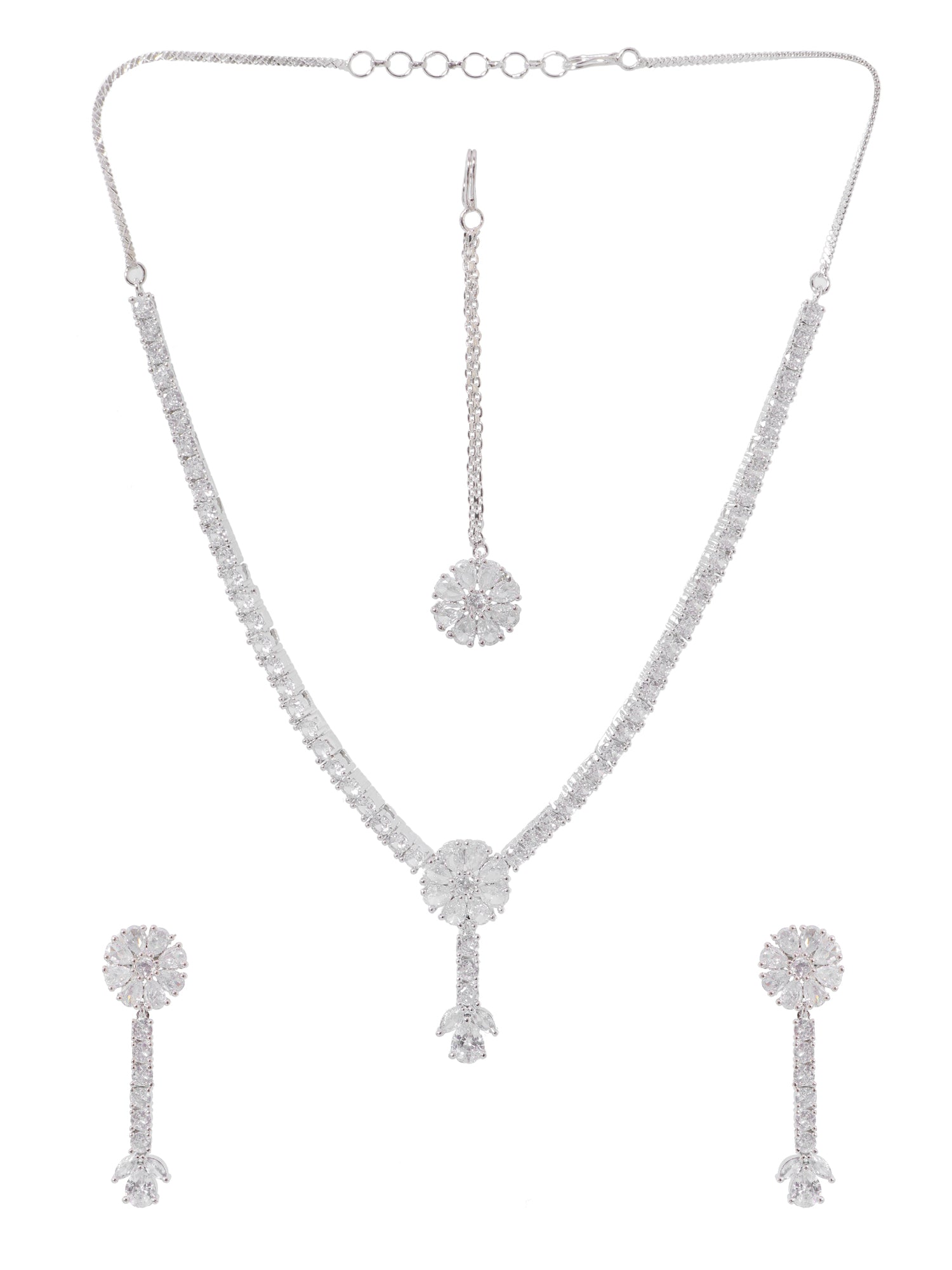 SwaDev White Ruby Flower Silver-Pltaed American Diamond Jewellery Set SDJS0001