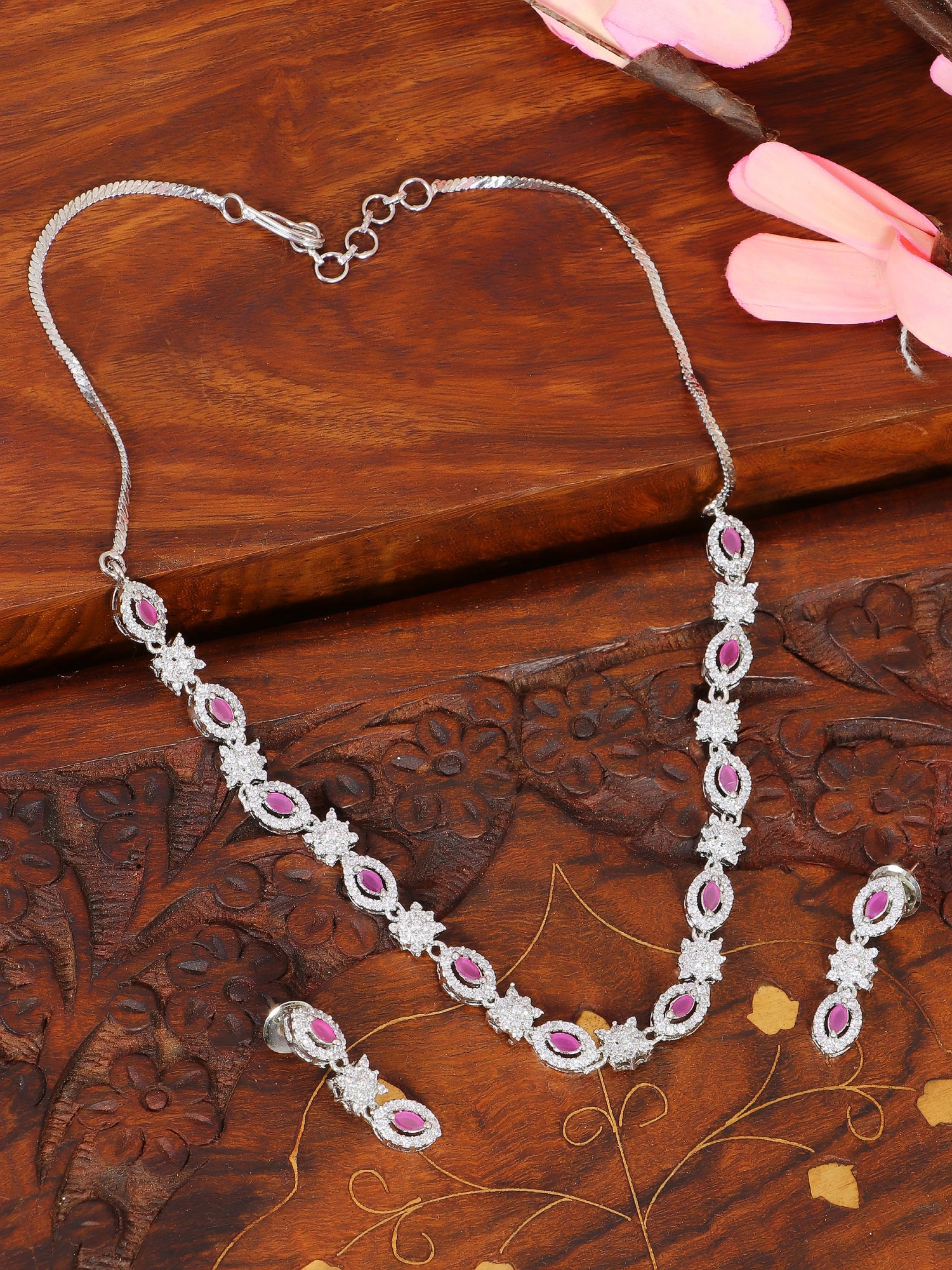 SwaDev Silver Plated Pink American Diamond Studded Floral Jewellery Set SDJS0014