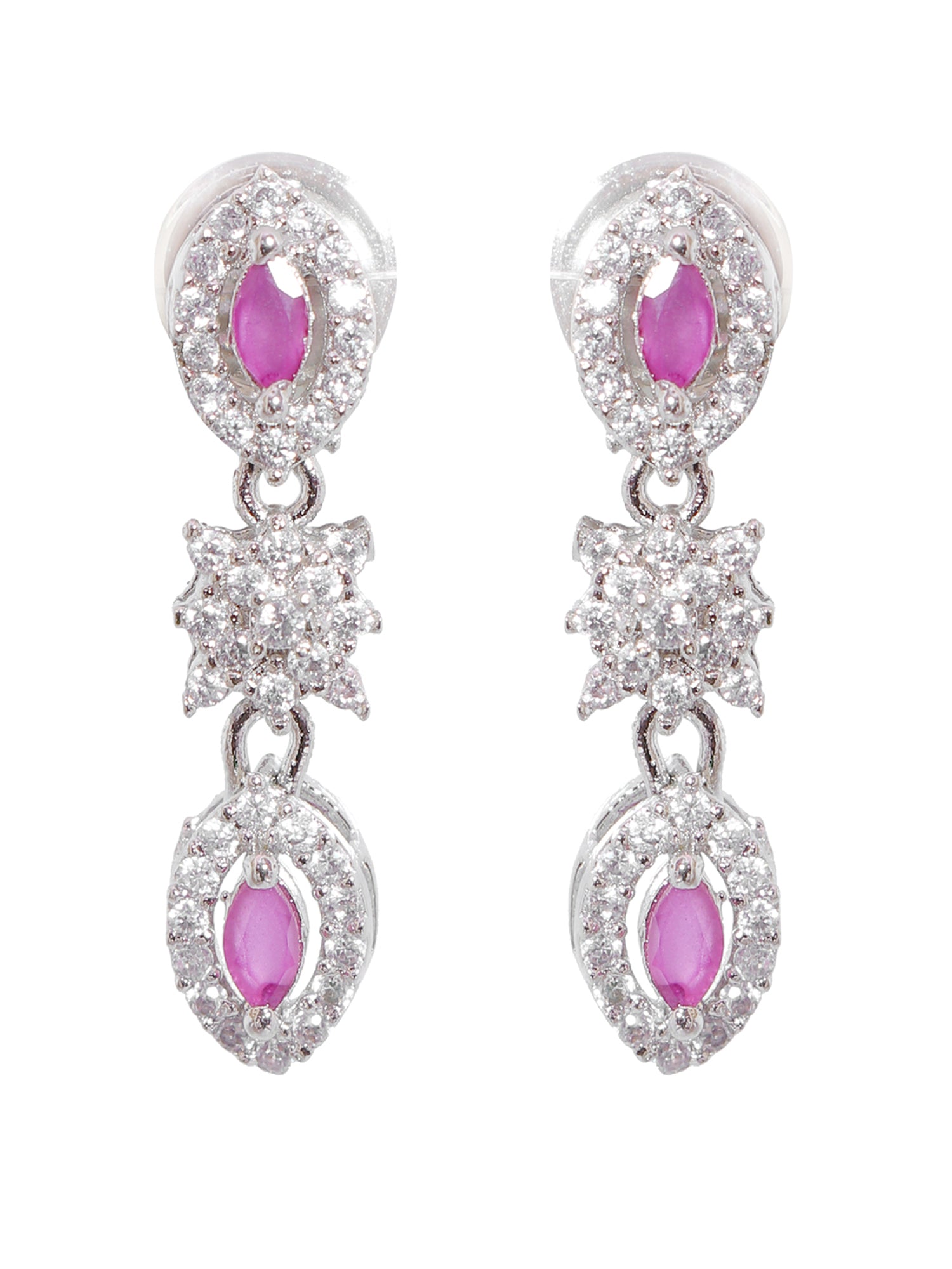 SwaDev Silver Plated Pink American Diamond Studded Floral Jewellery Set SDJS0014