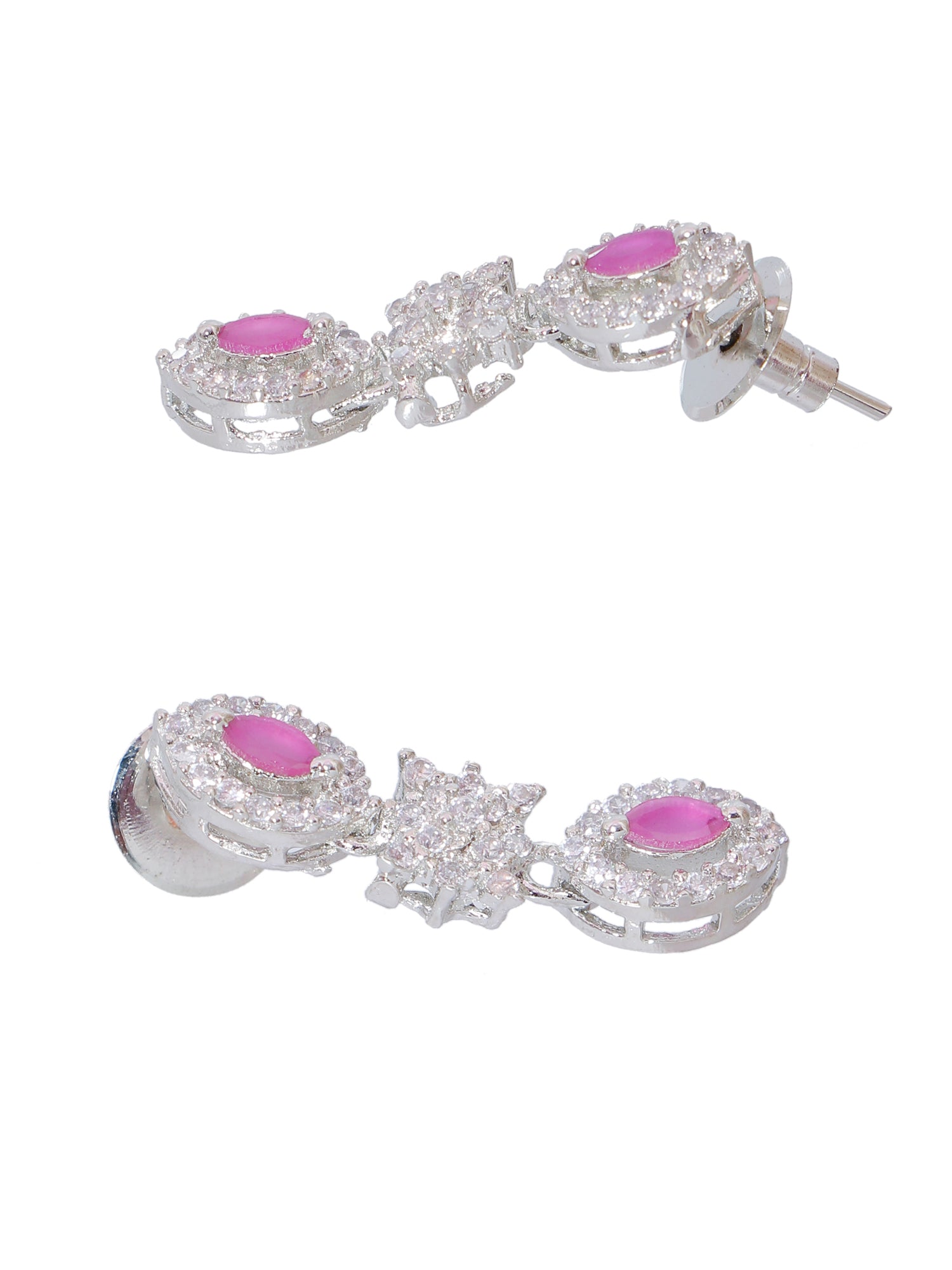 SwaDev Silver Plated Pink American Diamond Studded Floral Jewellery Set SDJS0014