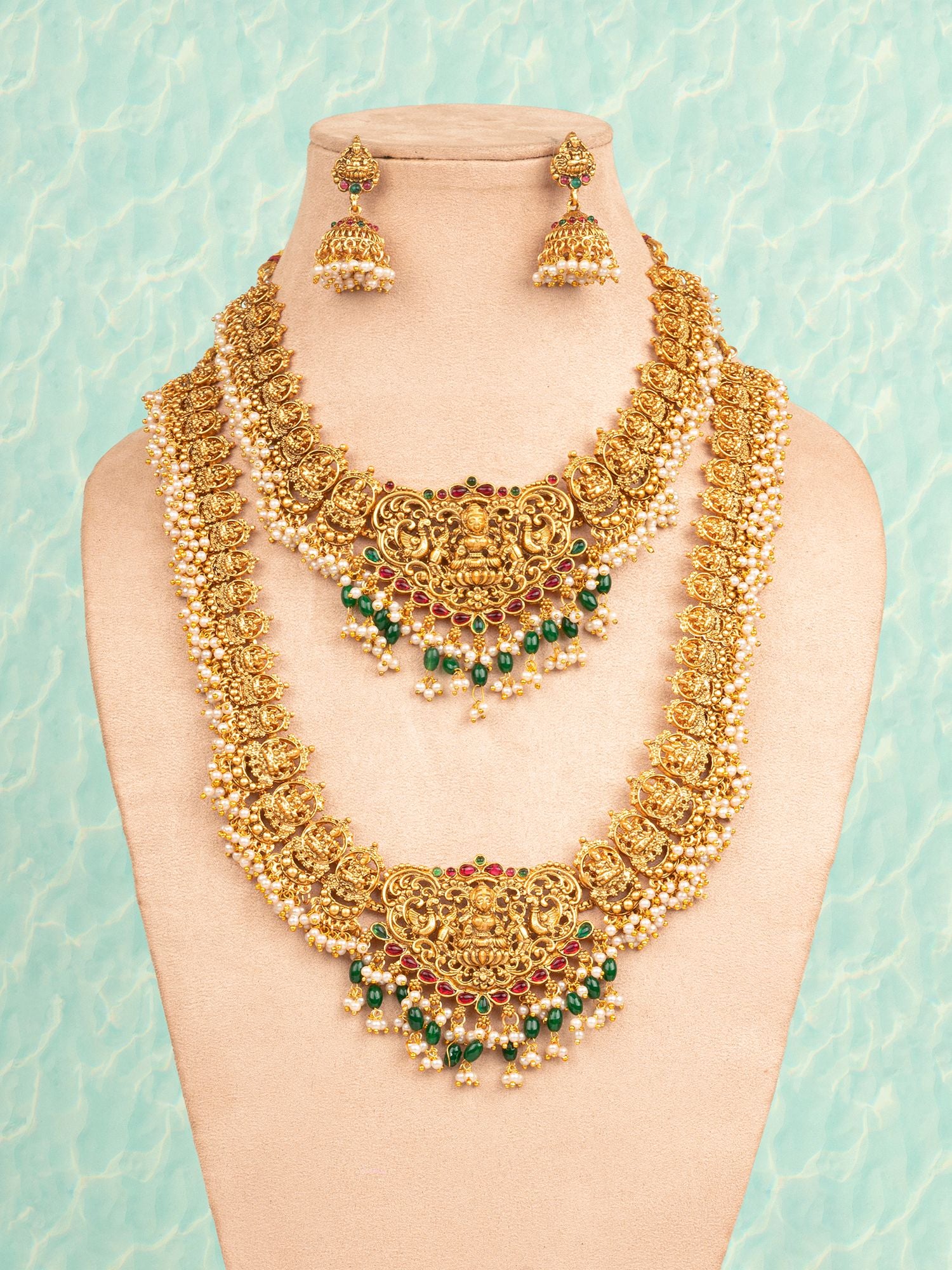 Gold Plated Goddess Laxmi's Temple Necklace Set - South Indian Bridal Jewellery for Women